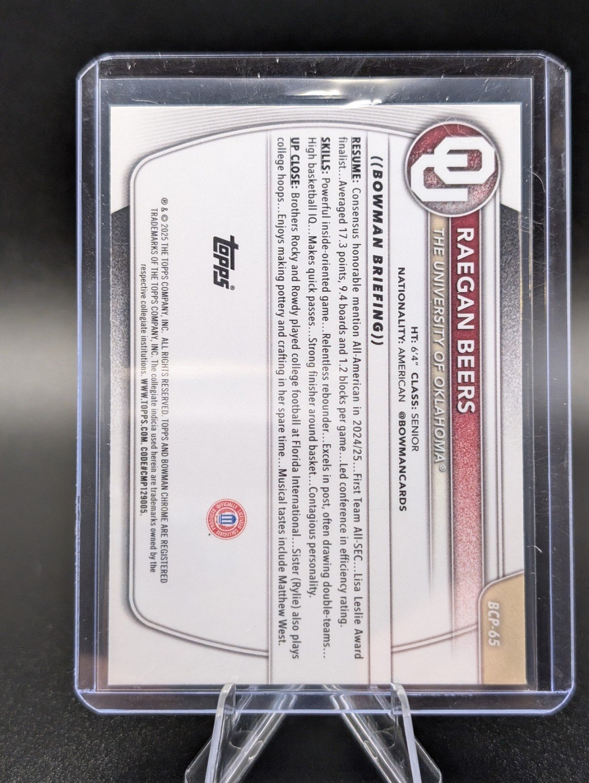 Back of 2025-26 Bowman #BCP-65 Raegan Beers Chrome Prospects