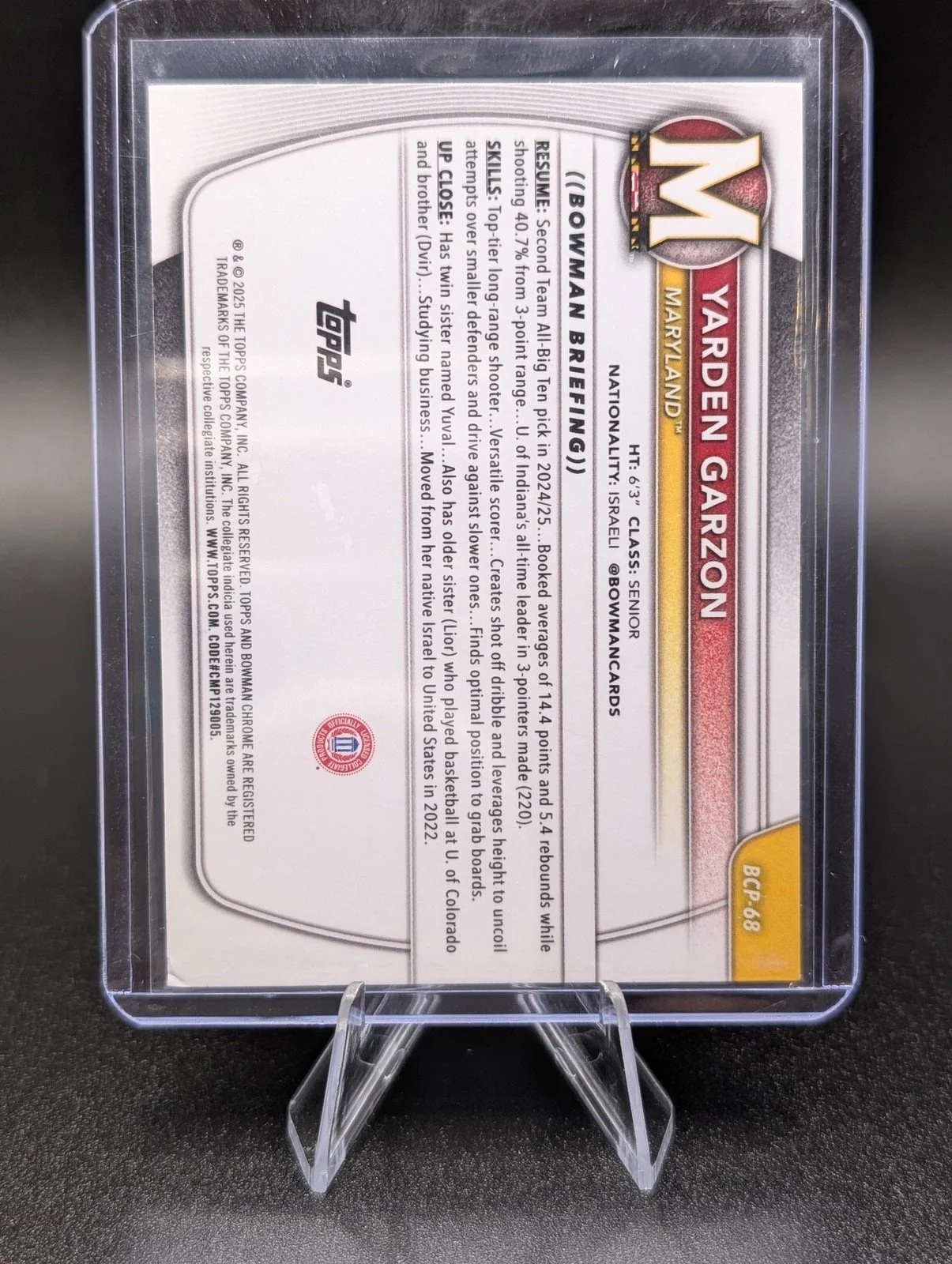 Back of 2025-26 Bowman #BCP-68 Yarden Garzon Chrome Prospects