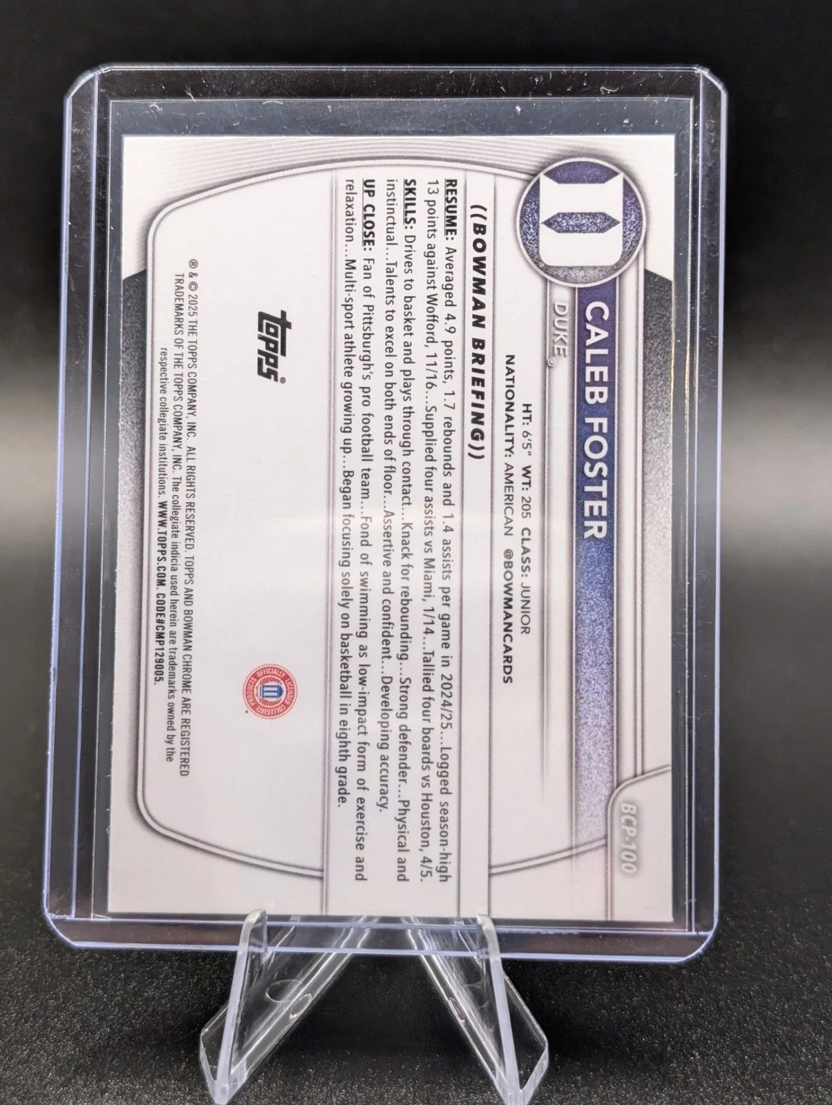 Back of 2025-26 Bowman #BCP-100 Caleb Foster Chrome Prospects
