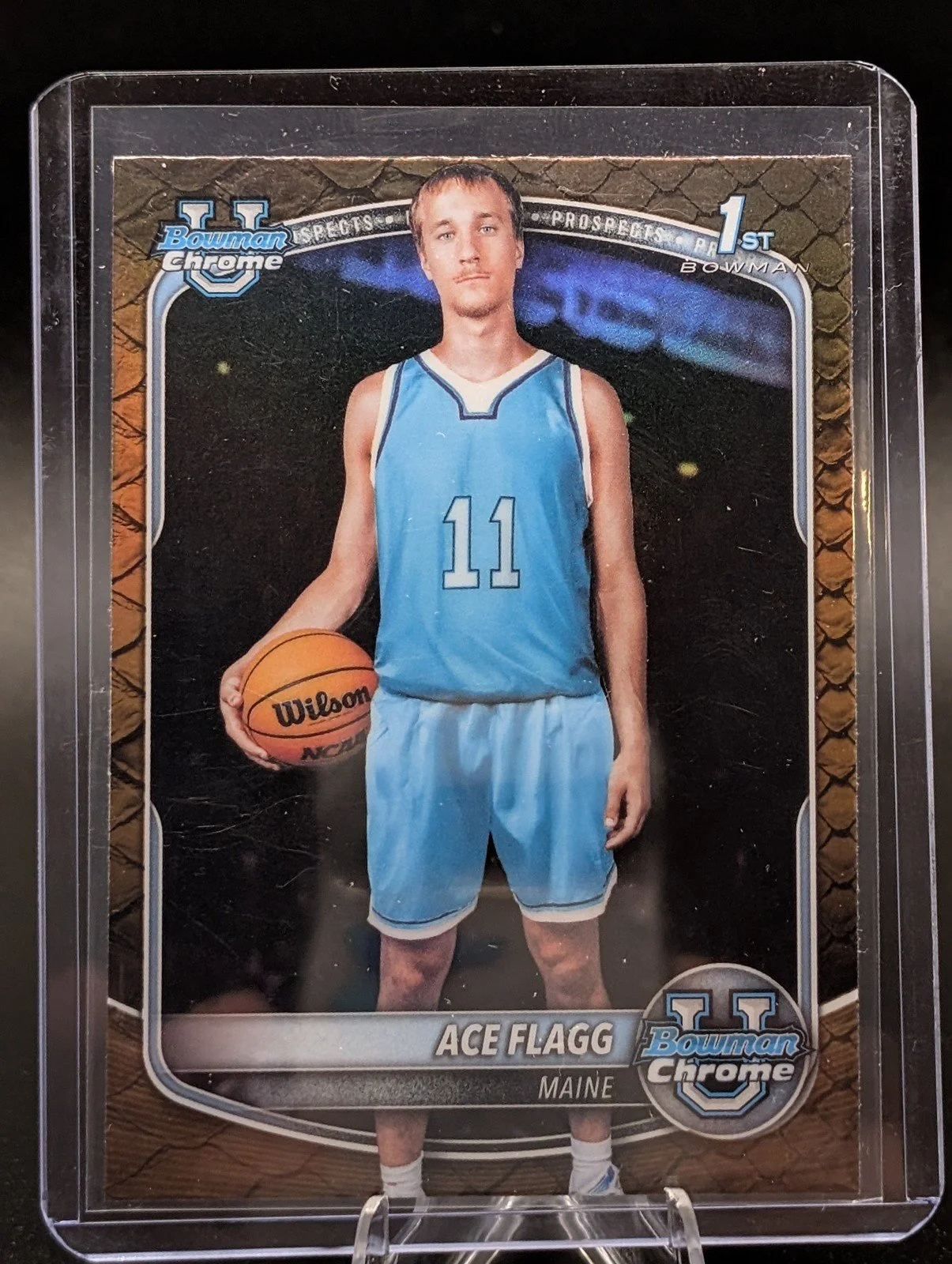 Front of 2025-26 Bowman #BCP-91 Ace Flagg Chrome Prospects Reptilian Refractor