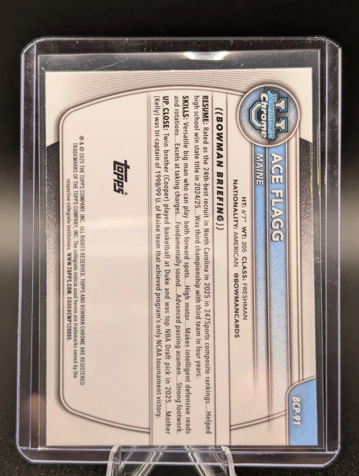 Back of 2025-26 Bowman #BCP-91 Ace Flagg Chrome Prospects Reptilian Refractor