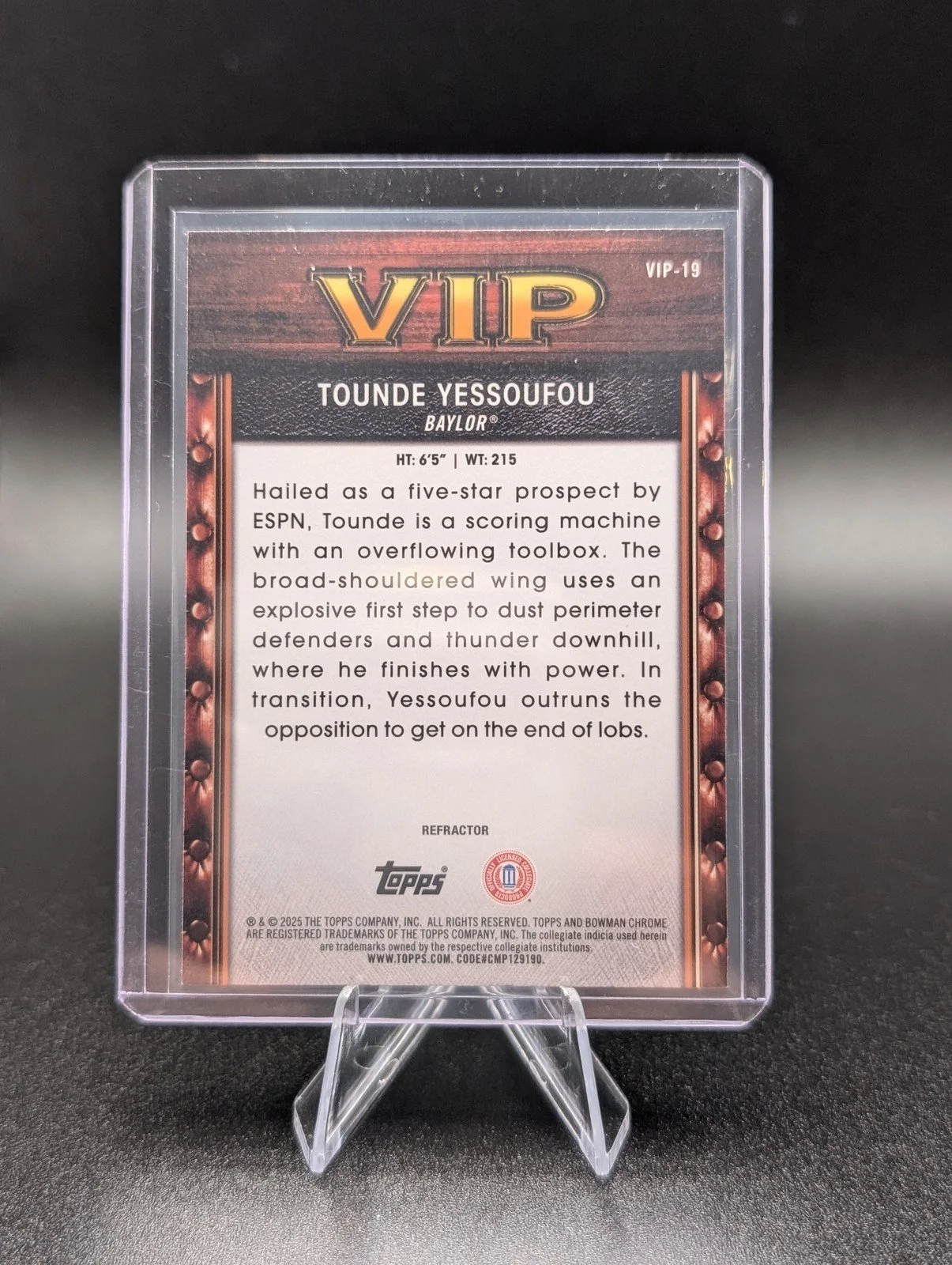Back of 2025-26 Bowman #VIP-19 Tounde Yessoufou Very Important Prospects Refractor