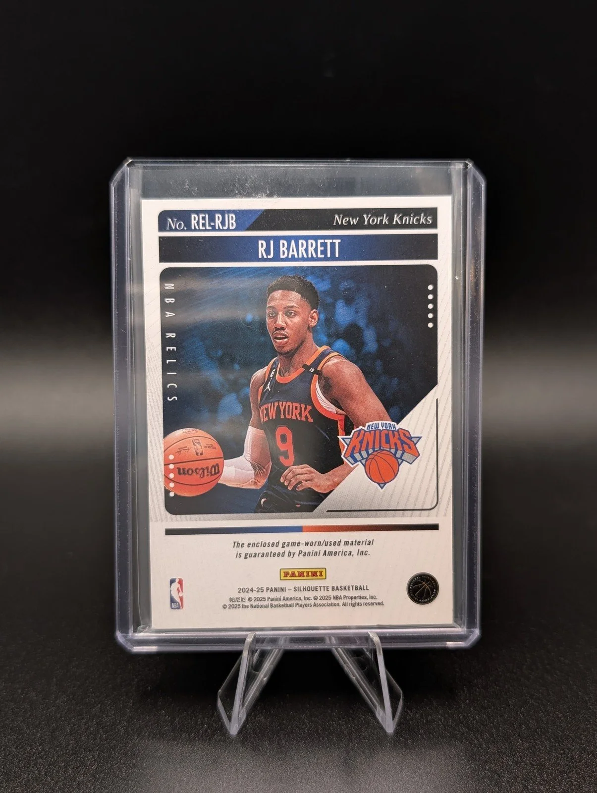 Back of 2024-25 Panini Silhouette #REL-RJB RJ Barrett NBA Relics Bronze /49