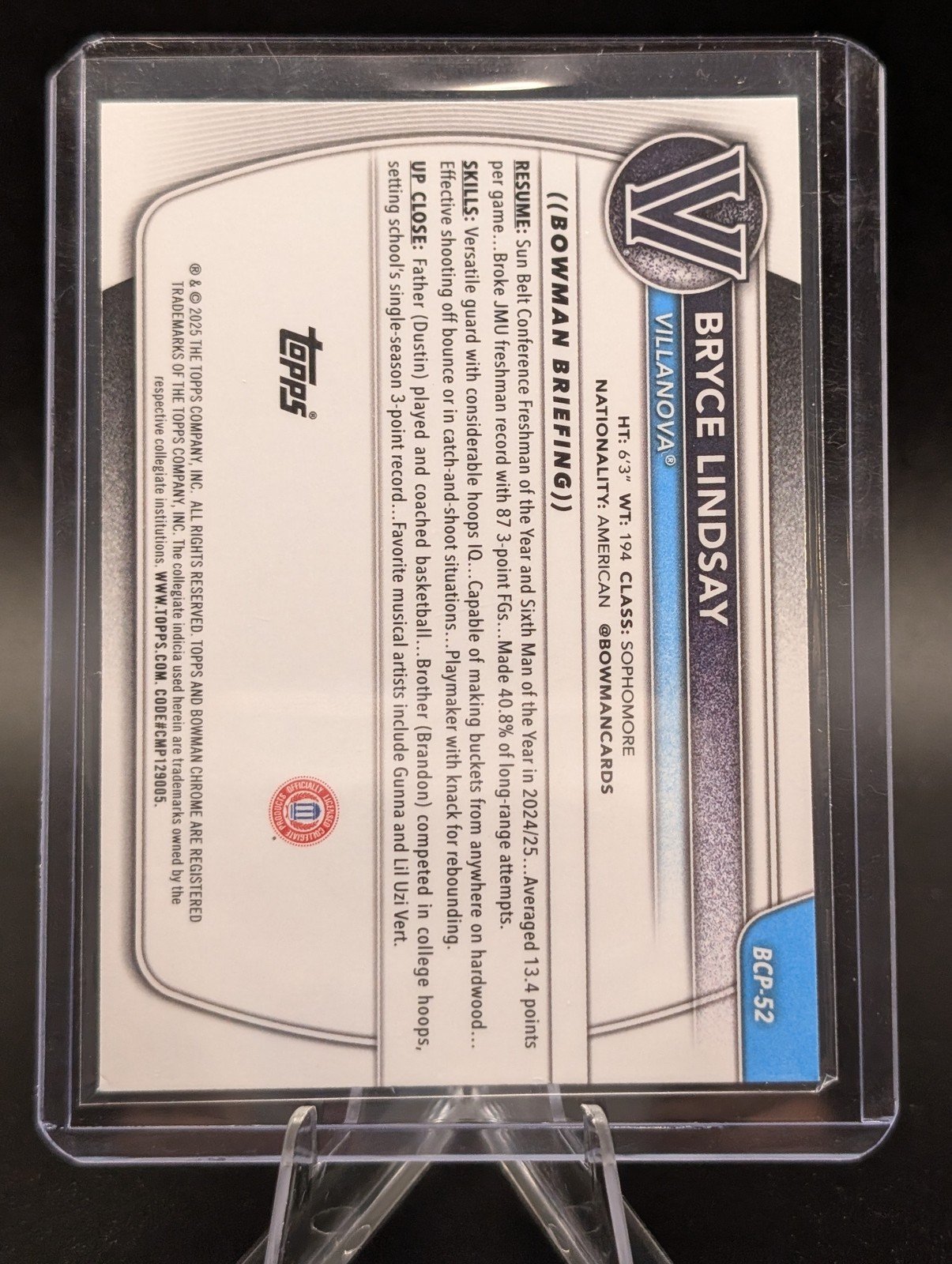 Back of 2025-26 Bowman #BCP-52 Bryce Lindsay Chrome Prospects