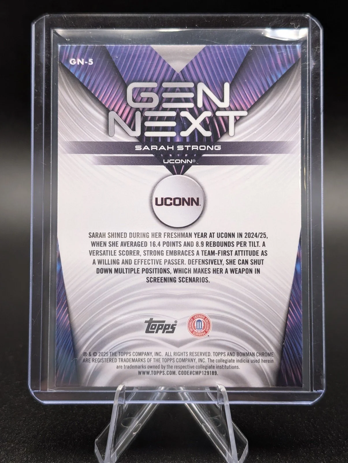 Back of 2025-26 Bowman #GN-5 Sarah Strong Gen Next