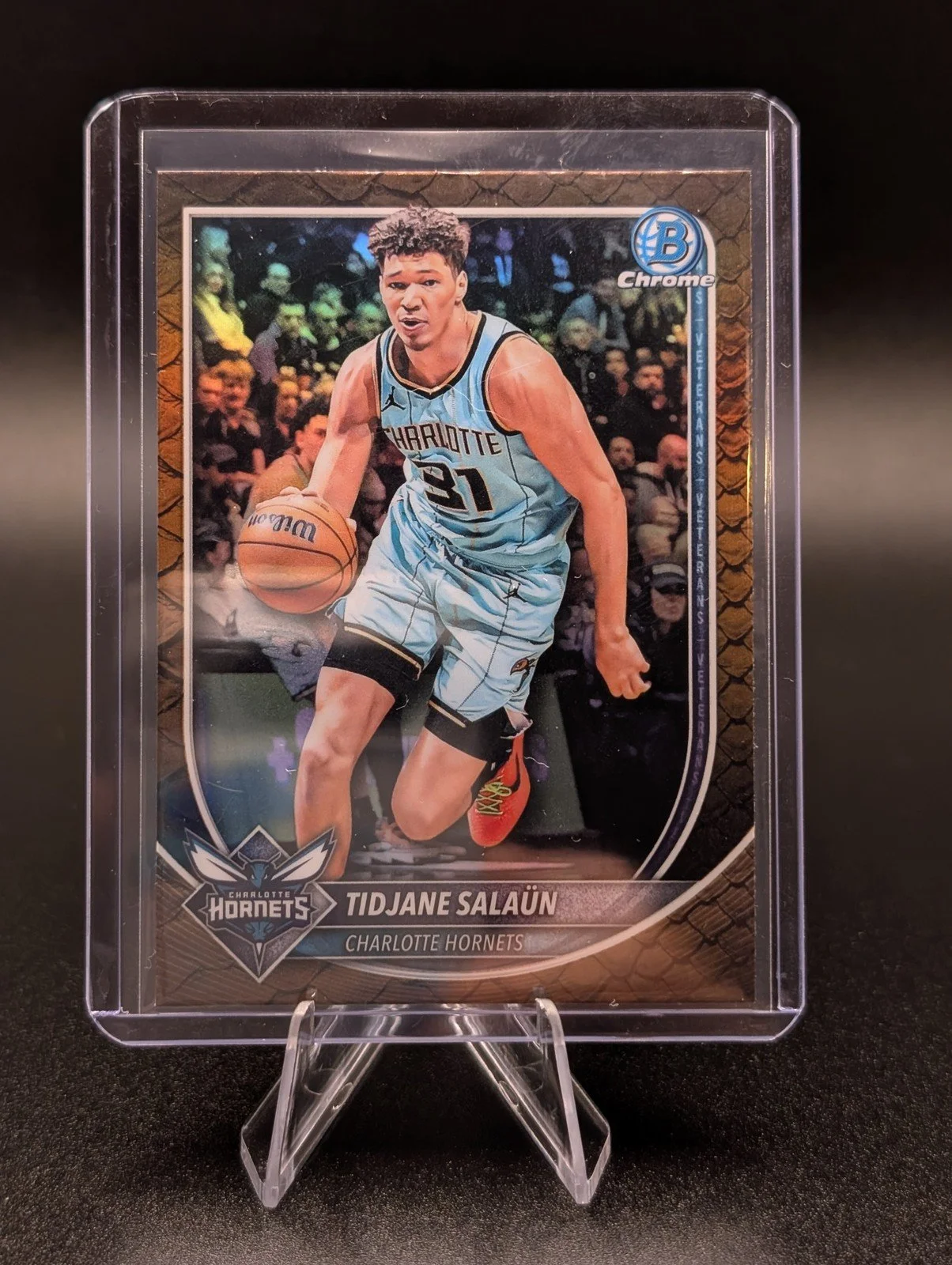 Front of 2025-26 Bowman #BCV-169 Tidjane Salaün Chrome Reptilian Refractor