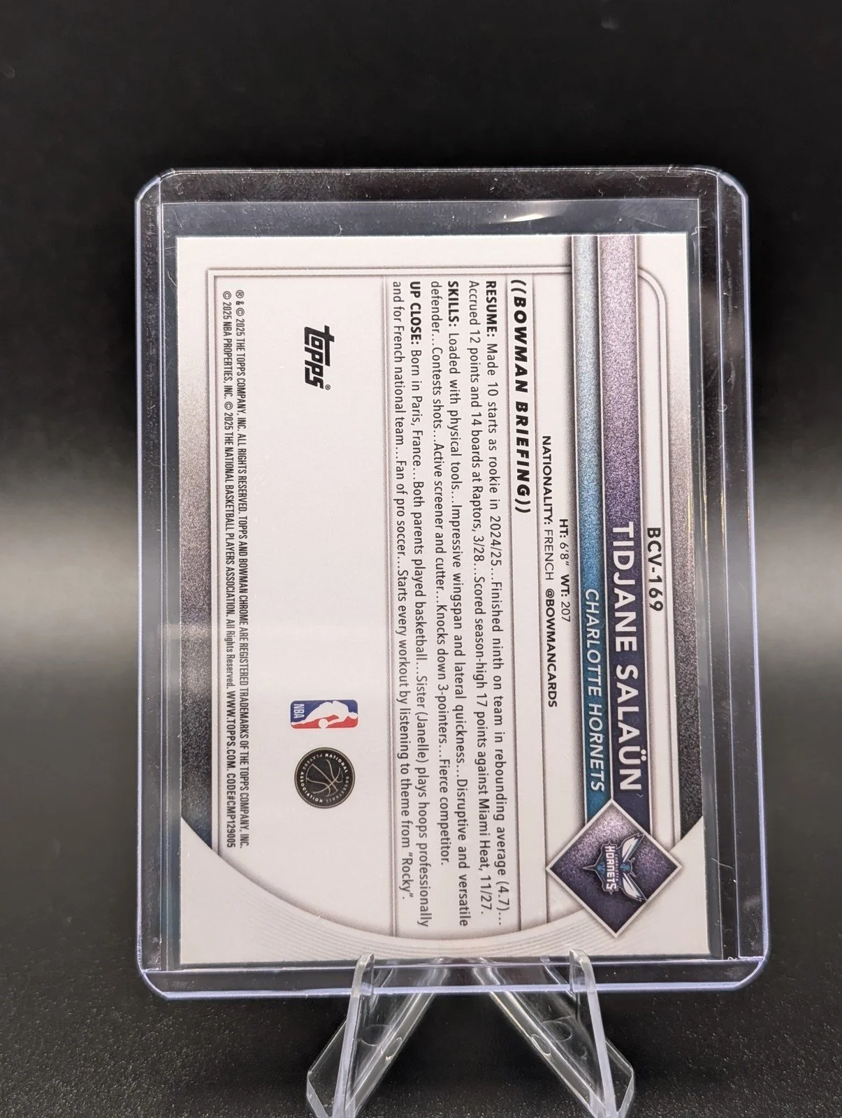 Back of 2025-26 Bowman #BCV-169 Tidjane Salaün Chrome Reptilian Refractor