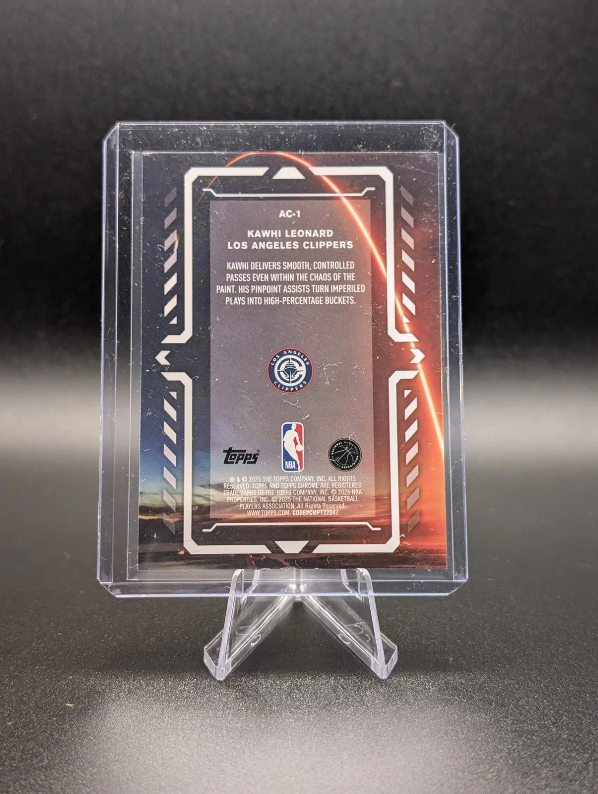Back of 2025-26 Topps Chrome #AC-1 Kawhi Leonard Activators Magenta Refractor #/399