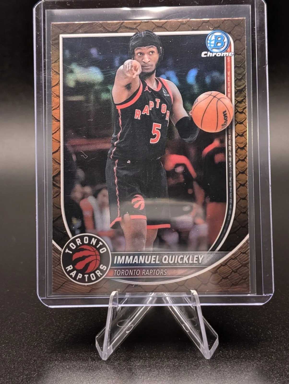 Front of 2025-26 Bowman #BCV-69 Immanuel Quickley Chrome Reptilian Refractor