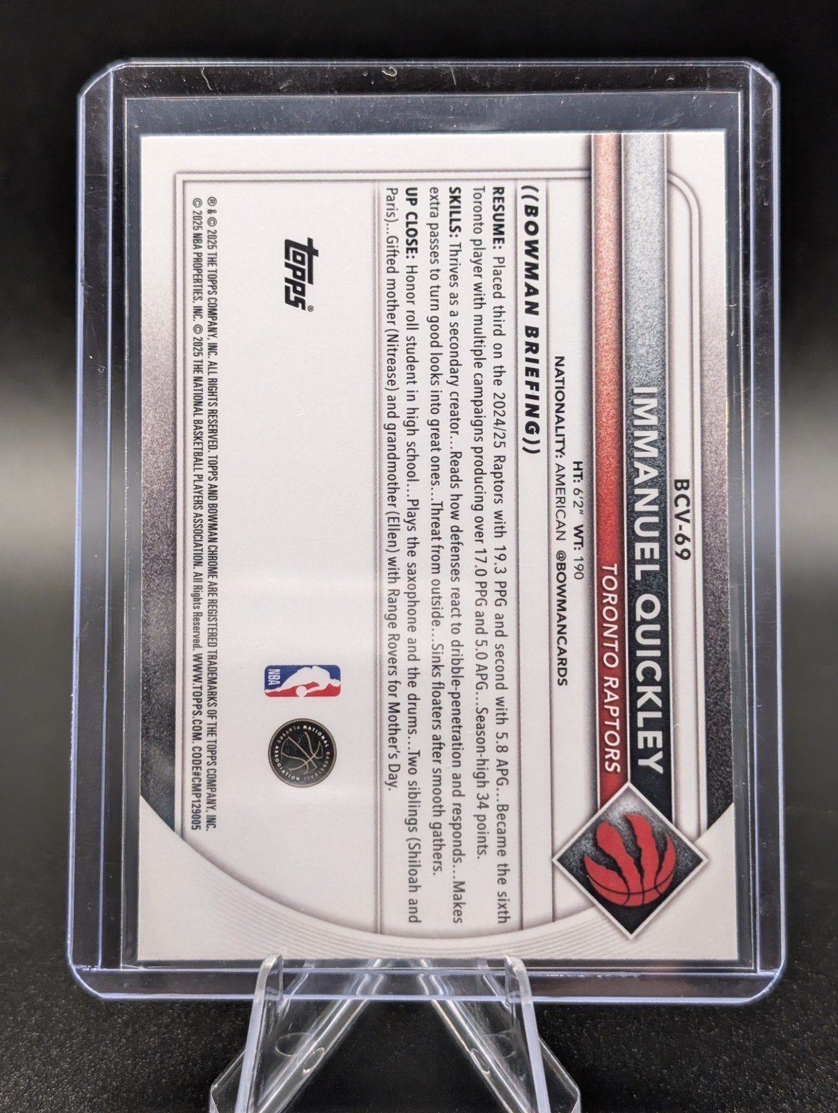 Back of 2025-26 Bowman #BCV-69 Immanuel Quickley Chrome Reptilian Refractor