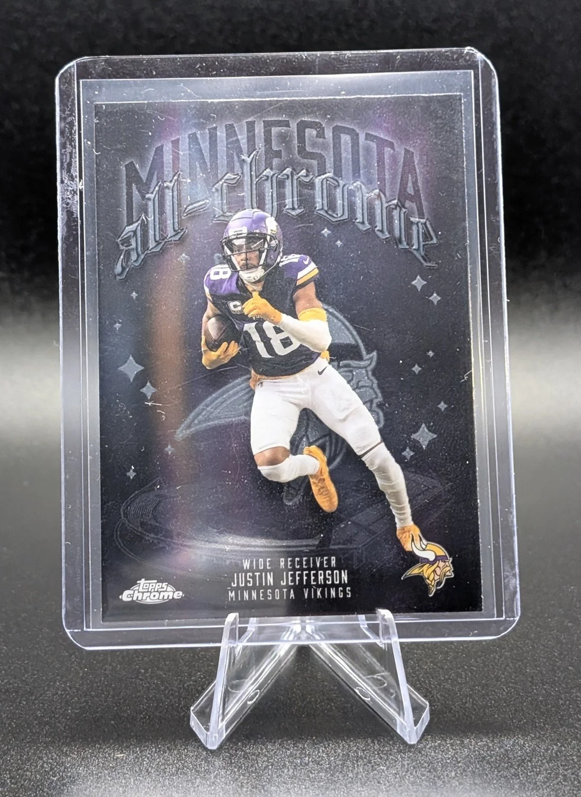 Front of 2025 Topps Chrome #ACT-6 Justin Jefferson All-Chrome Team Refractor