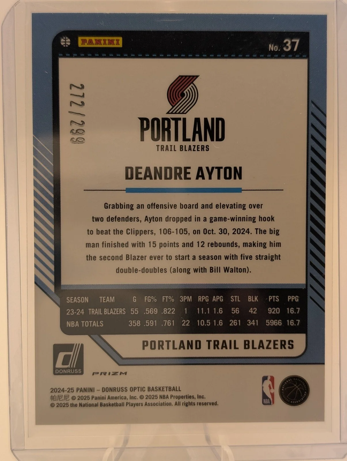 Back of 2024-25 Donruss Optic #37 Deandre Ayton Hyper Orange #/299