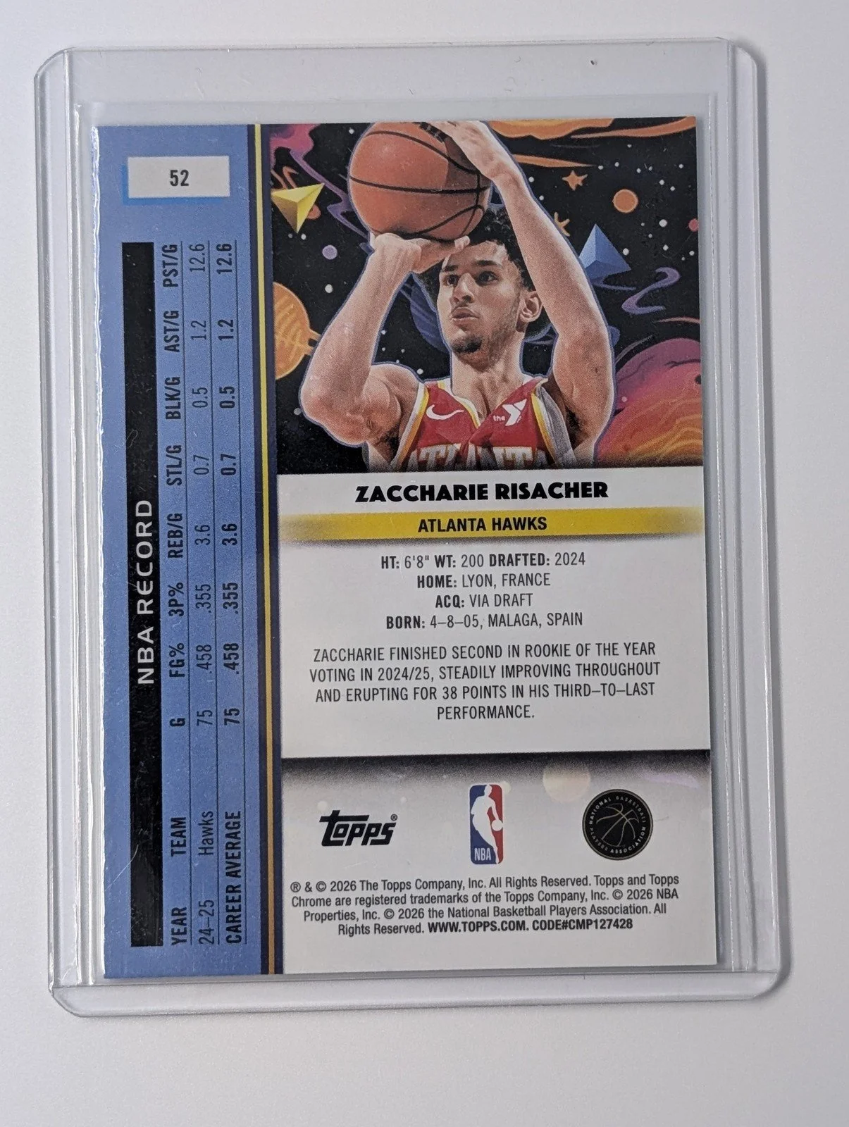 Back of 2025-26 Topps Chrome Cosmic #52 Zaccharie Risacher /75 Green Space Dust