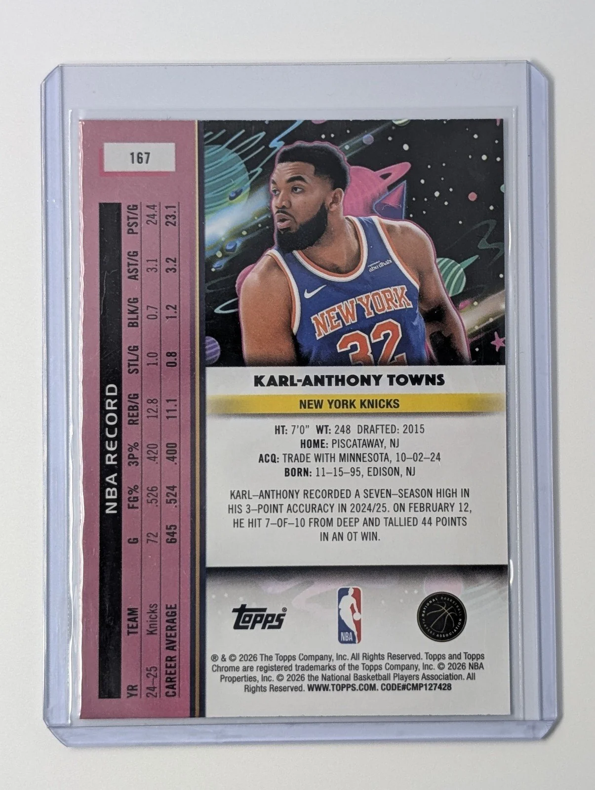 Back of 2025-26 Topps Cosmic Chrome #167 Karl-Anthony Towns Nucleus Refractor Knicks
