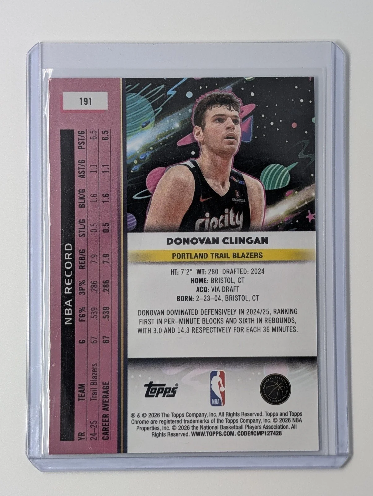 Back of 2025-26 Topps Chrome Cosmic #191 Donovan Clingan Nucleus Refractor