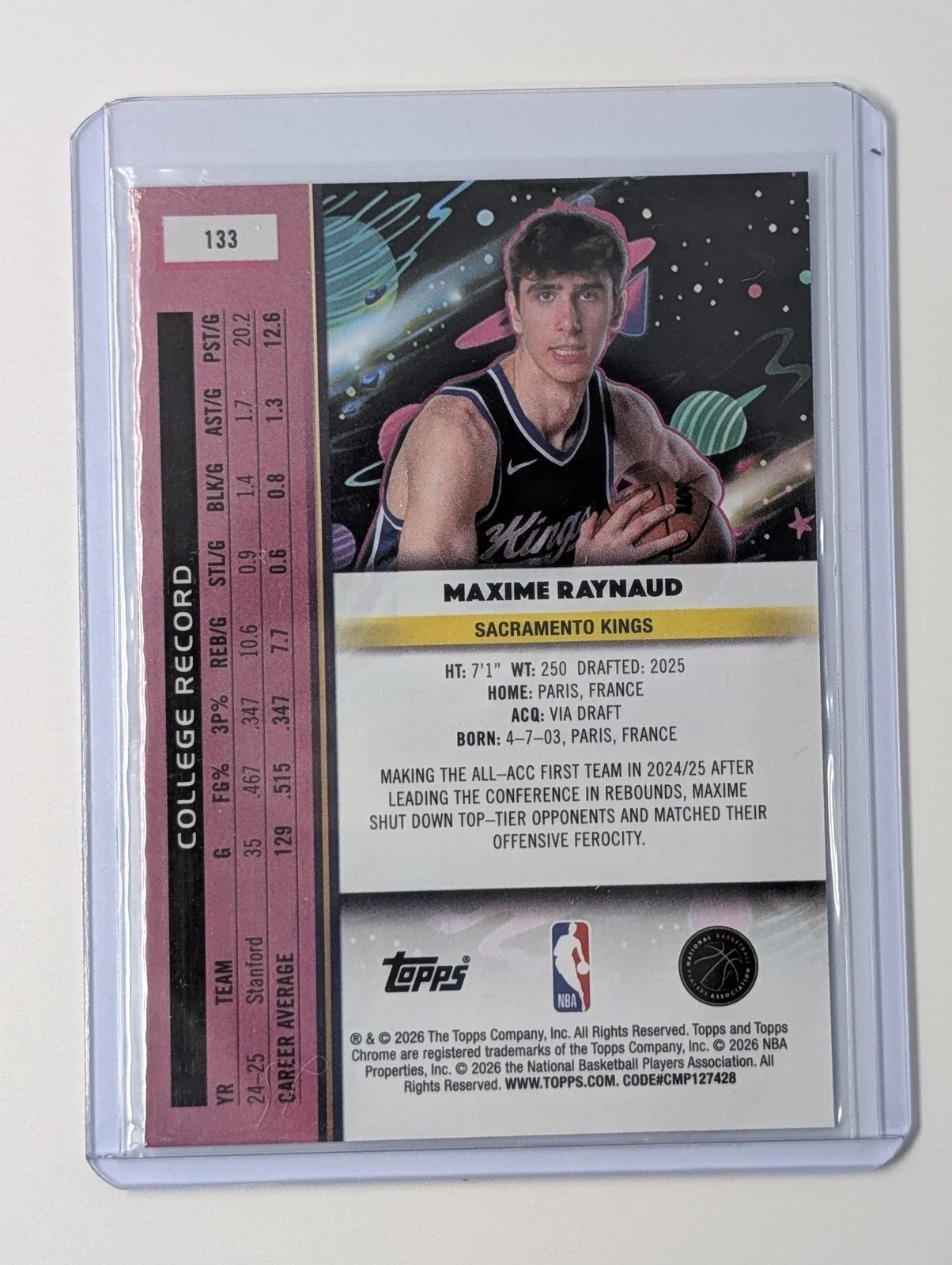 Back of 2025-26 Topps Chrome Cosmic #133 Maxime Raynaud RC