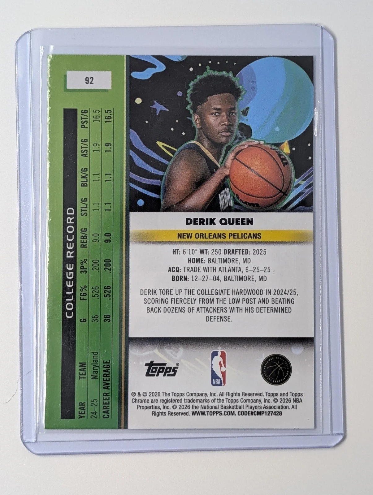 Back of 2025-26 Topps Chrome Cosmic #92 Derik Queen Rookie RC