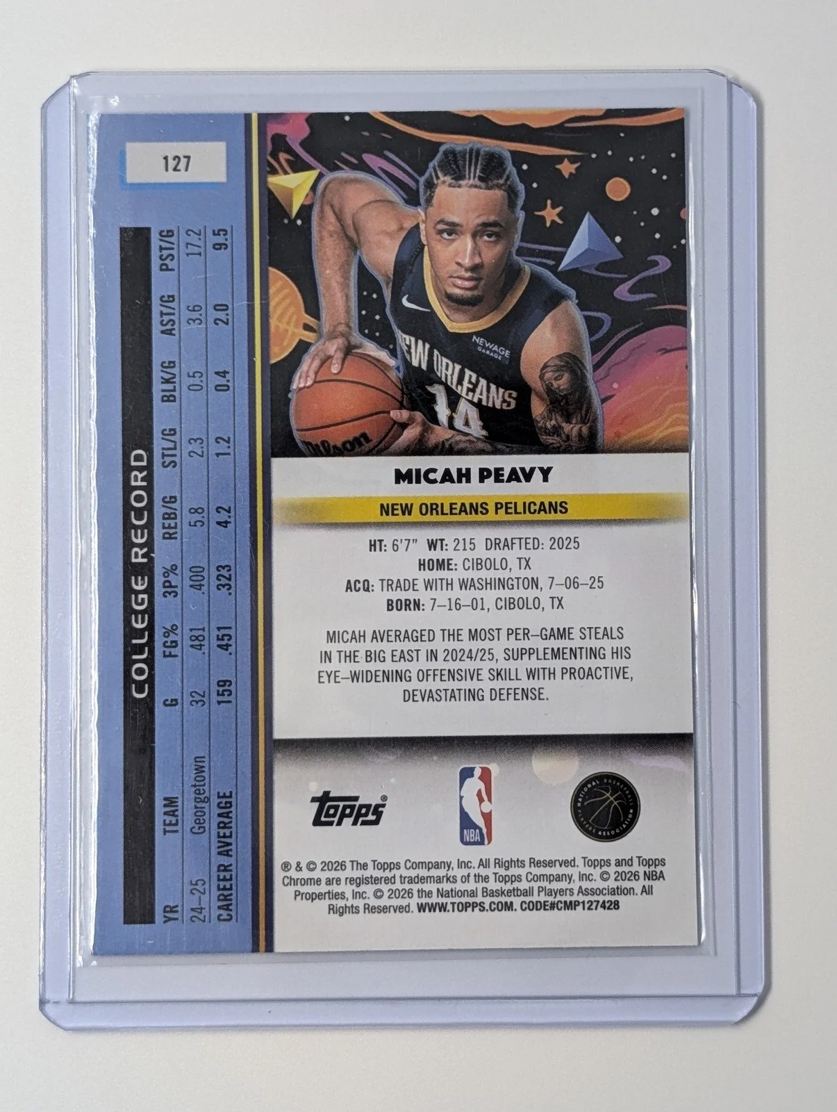 Back of 2025-26 Topps Chrome Cosmic #127 Micah Peavy Rookie RC