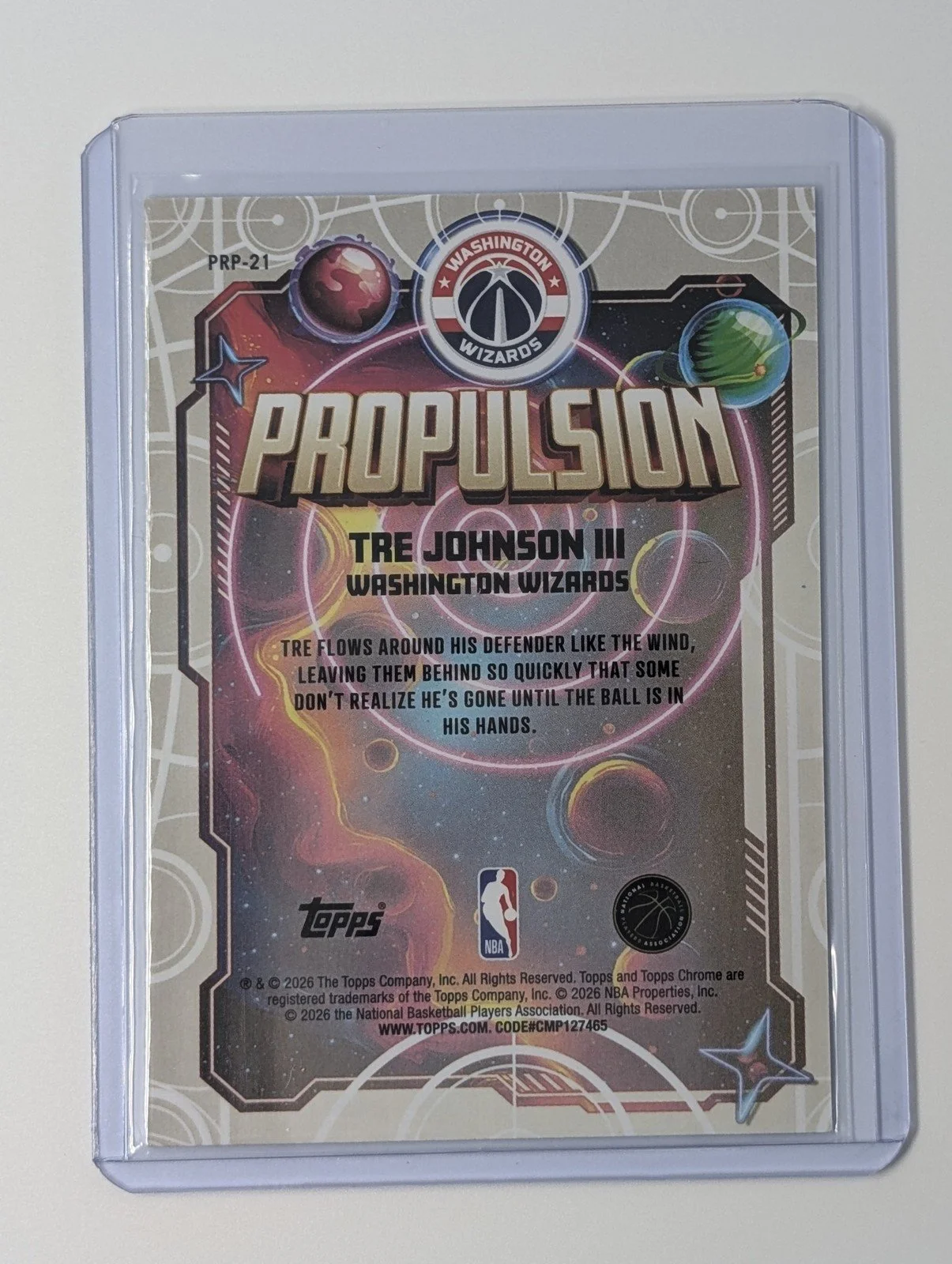 Back of 2025-26 Topps Chrome Cosmic #PRP-21 Tre Johnson III Rookie RC