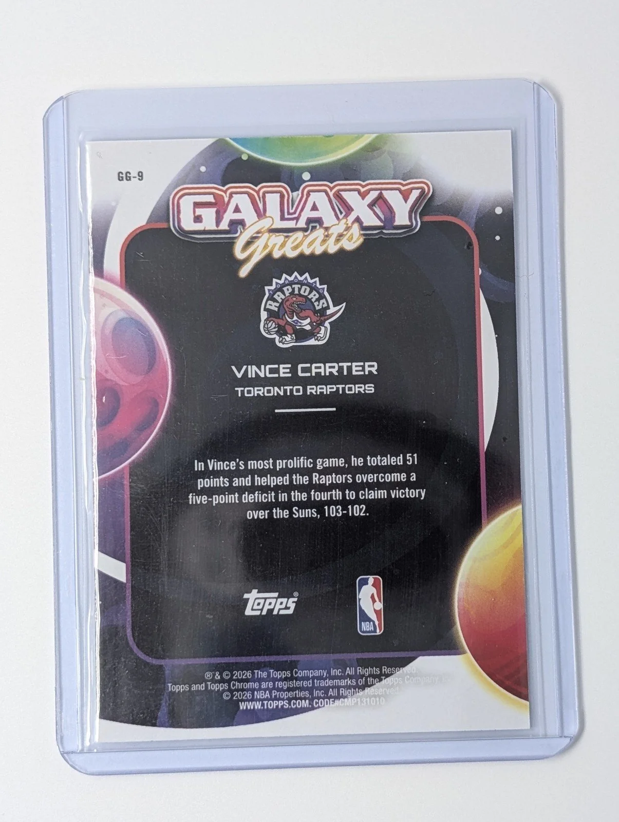 Back of 2025-26 Topps Cosmic Chrome Vince Carter Galaxy Greats GG-9