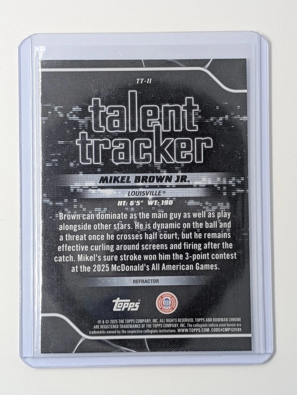 Back of 2025-26 Bowman #TT-11 Mikel Brown Jr. Talent Tracker Refractor