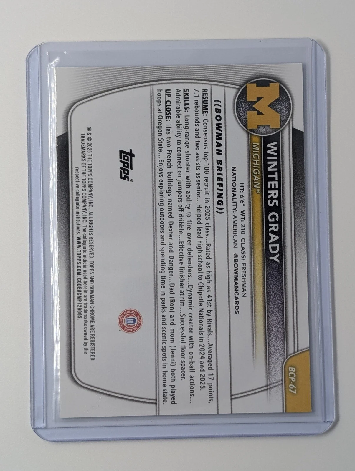 Back of 2025-26 Bowman #BCP-67 Winters Grady Chrome Prospects Reptilian Refractor