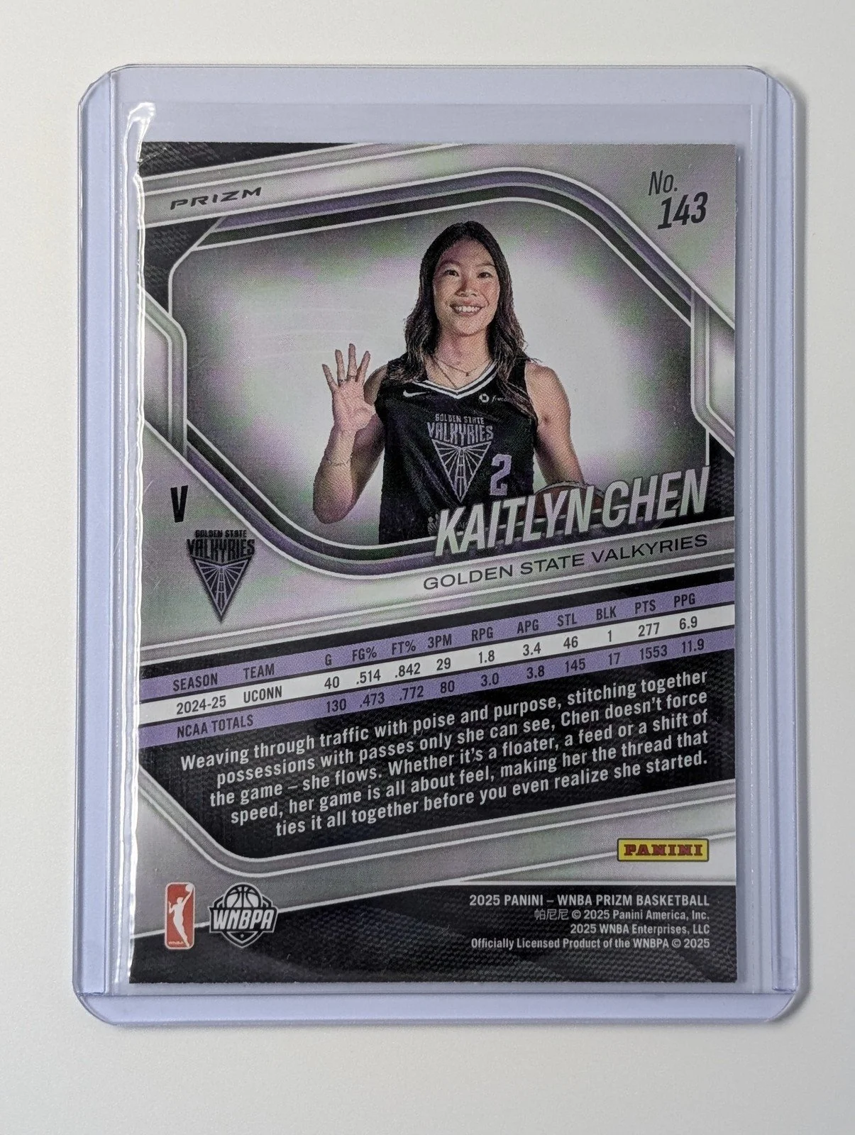 Back of 2025 Panini Prizm WNBA #143 Kaitlyn Chen Ice Cracked Prizms Rookie RC