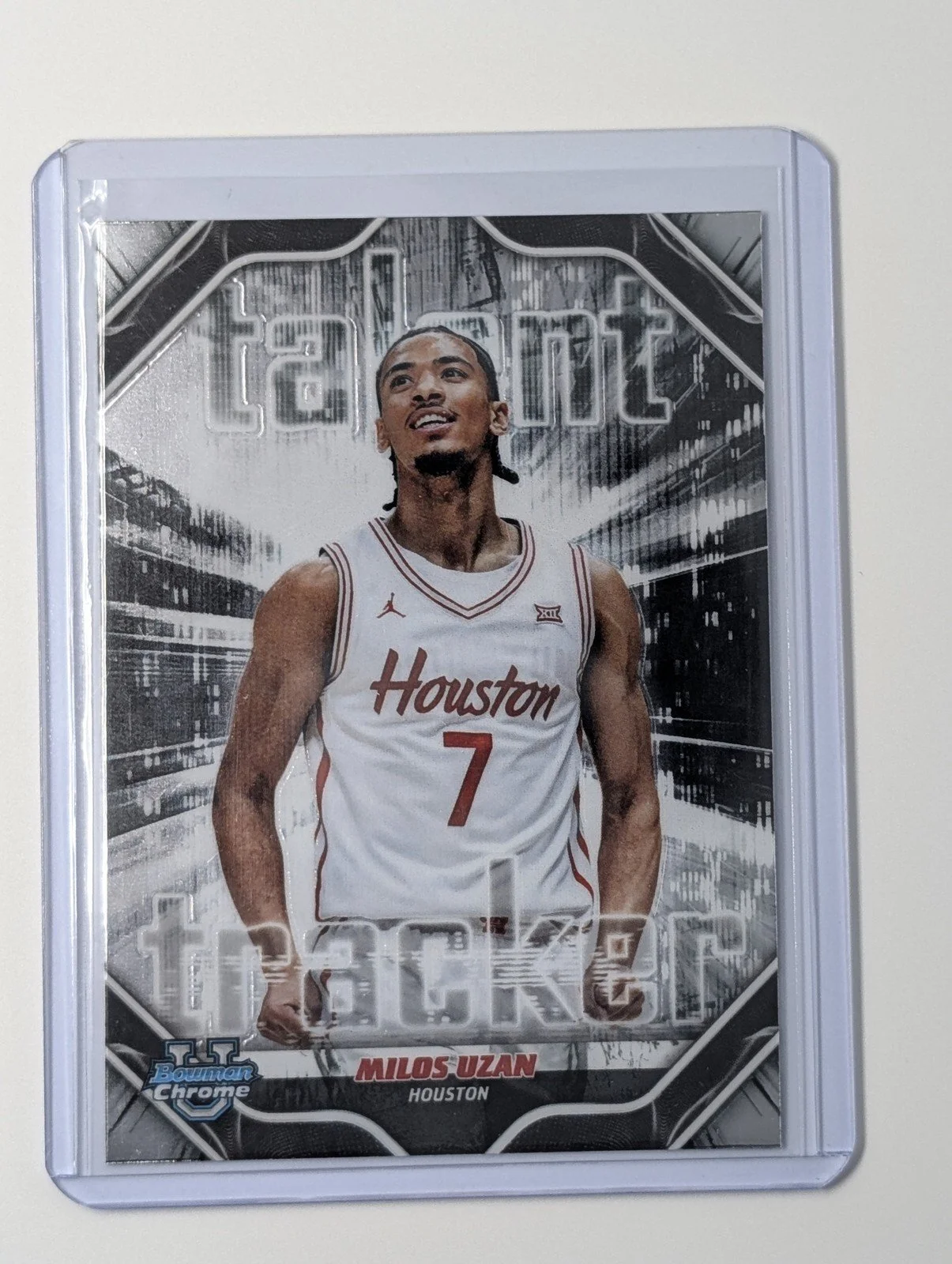 Front of 2025-26 Bowman #TT-25 Milos Uzan Talent Tracker
