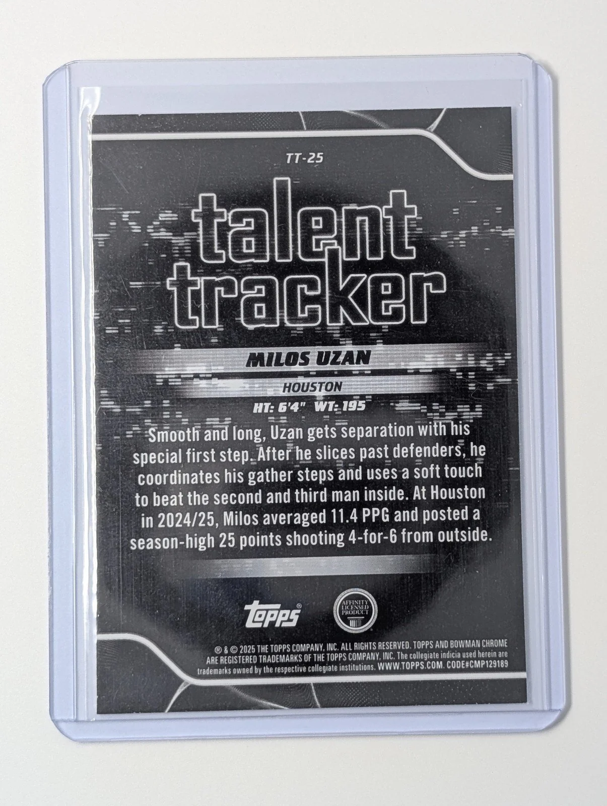 Back of 2025-26 Bowman #TT-25 Milos Uzan Talent Tracker