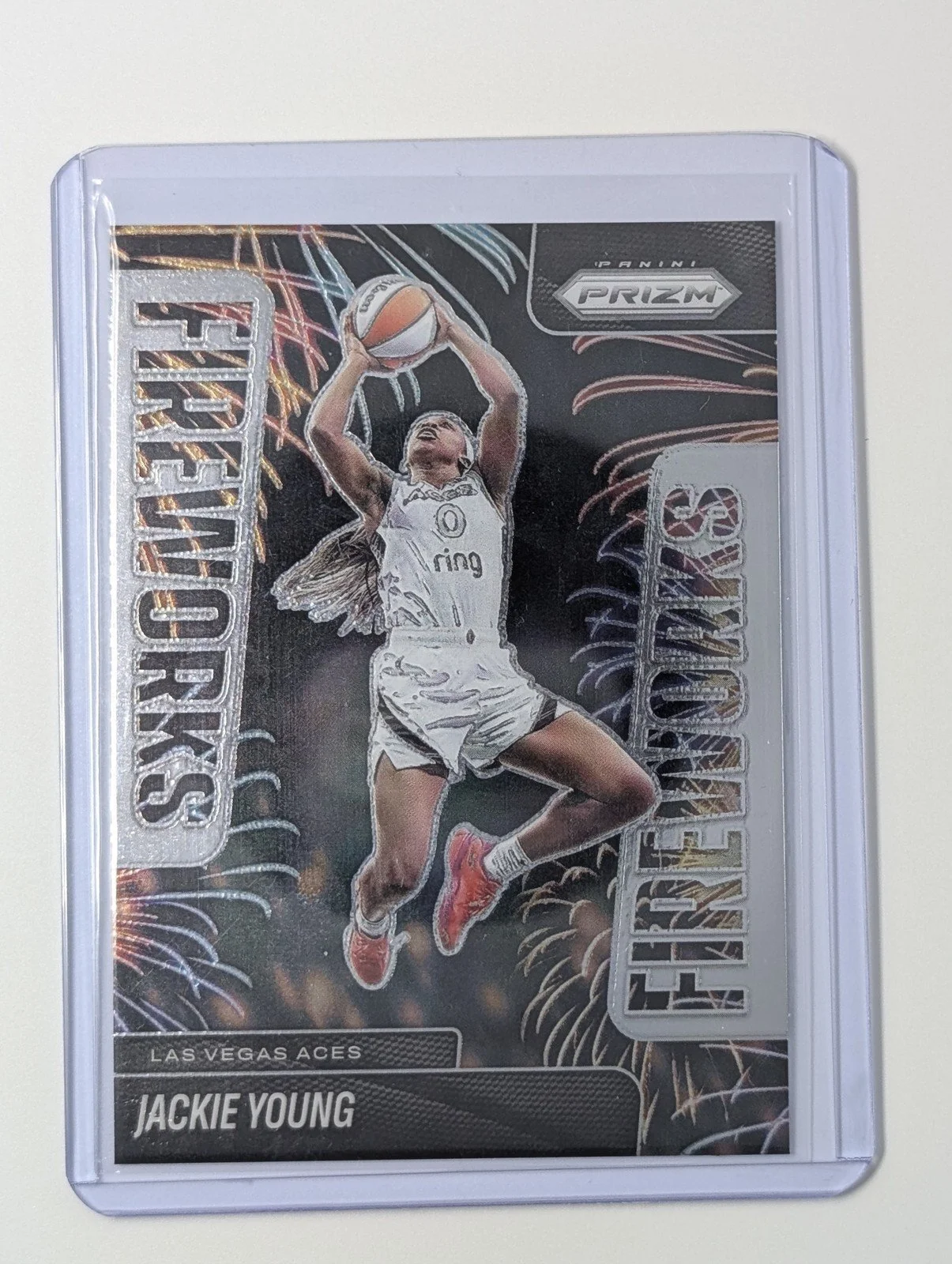 Front of 2025 Panini Prizm WNBA #4 Jackie Young Fireworks