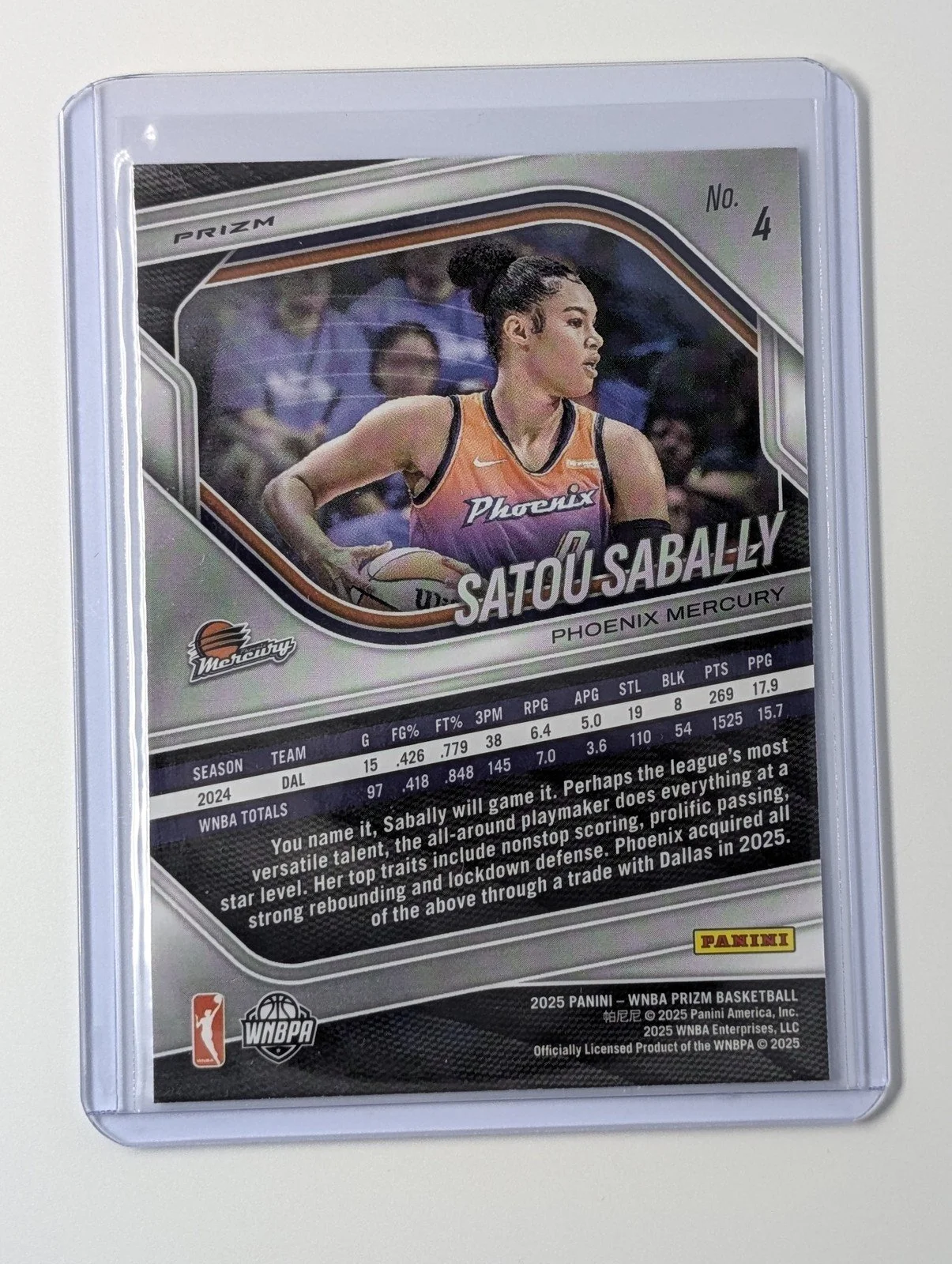 Back of 2025 Panini Prizm WNBA #4 Satou Sabally Blue Velocity Prizms