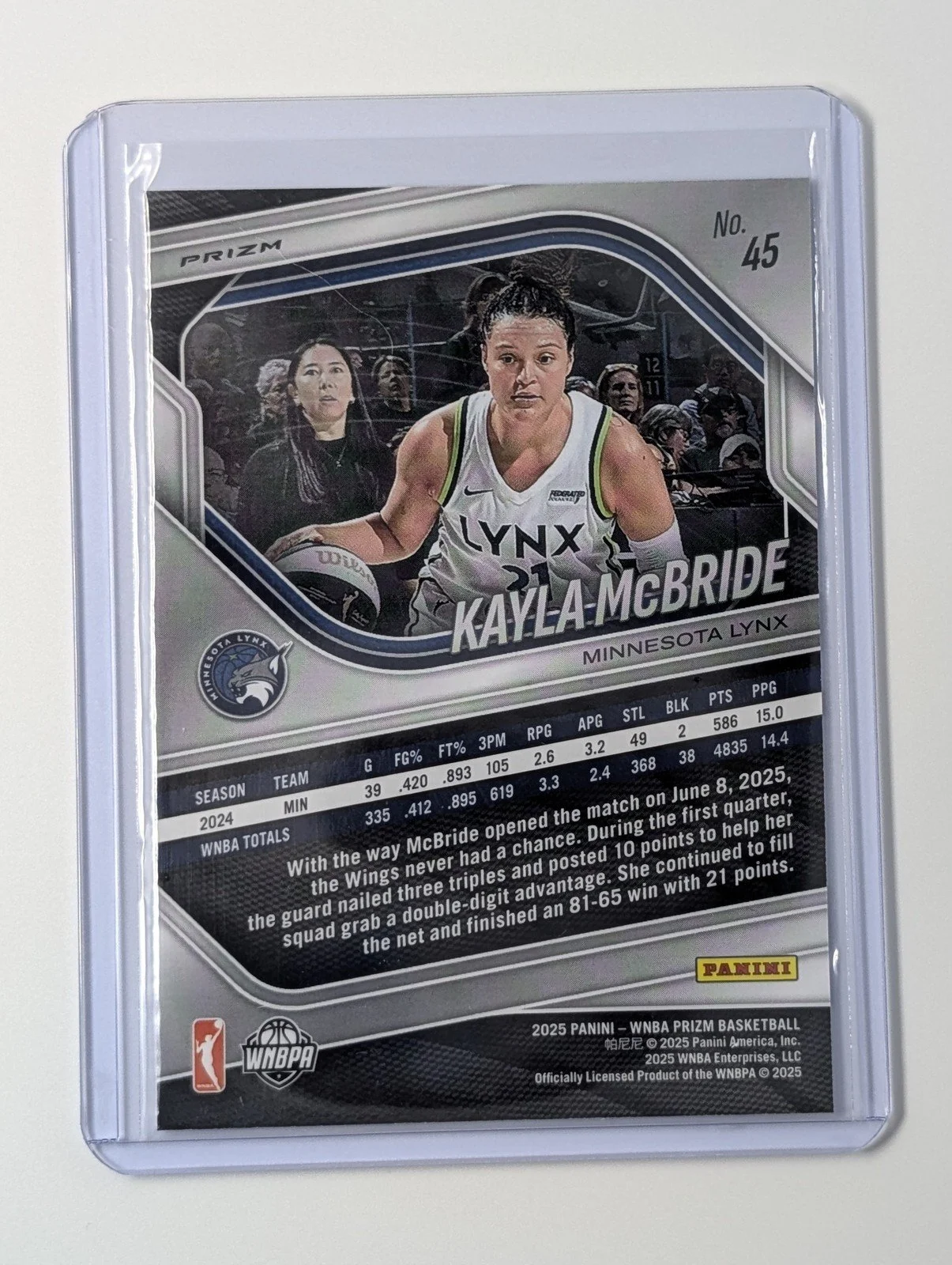 Back of 2025 Panini Prizm WNBA #45 Kayla McBride Cracked Ice Prizm
