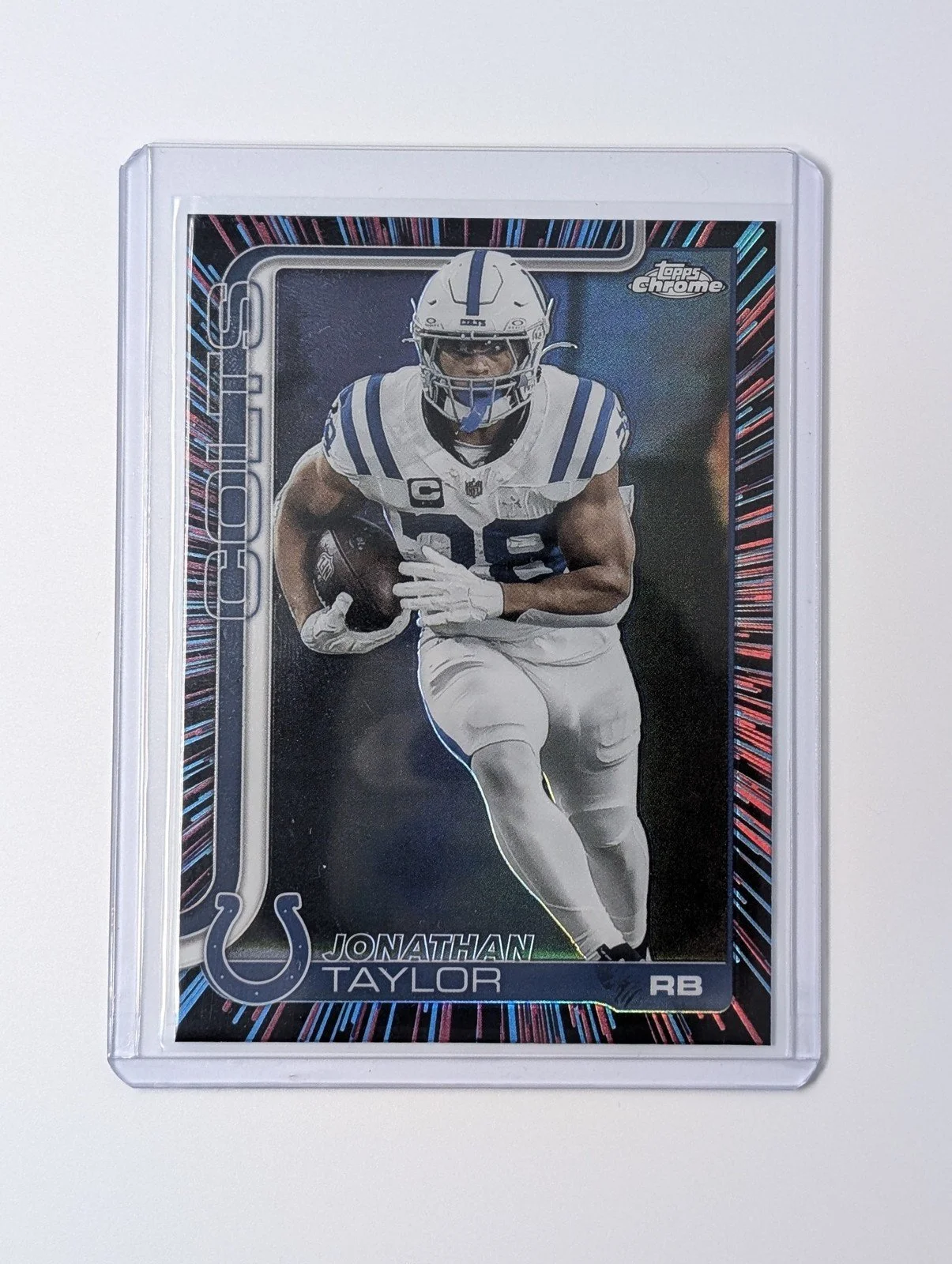 Front of 2025 Topps Chrome #130 Jonathan Taylor Neon Pulse Refractor
