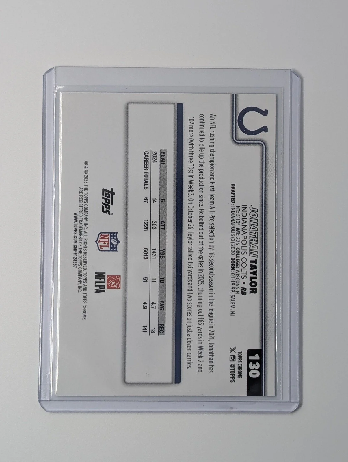 Back of 2025 Topps Chrome #130 Jonathan Taylor Neon Pulse Refractor