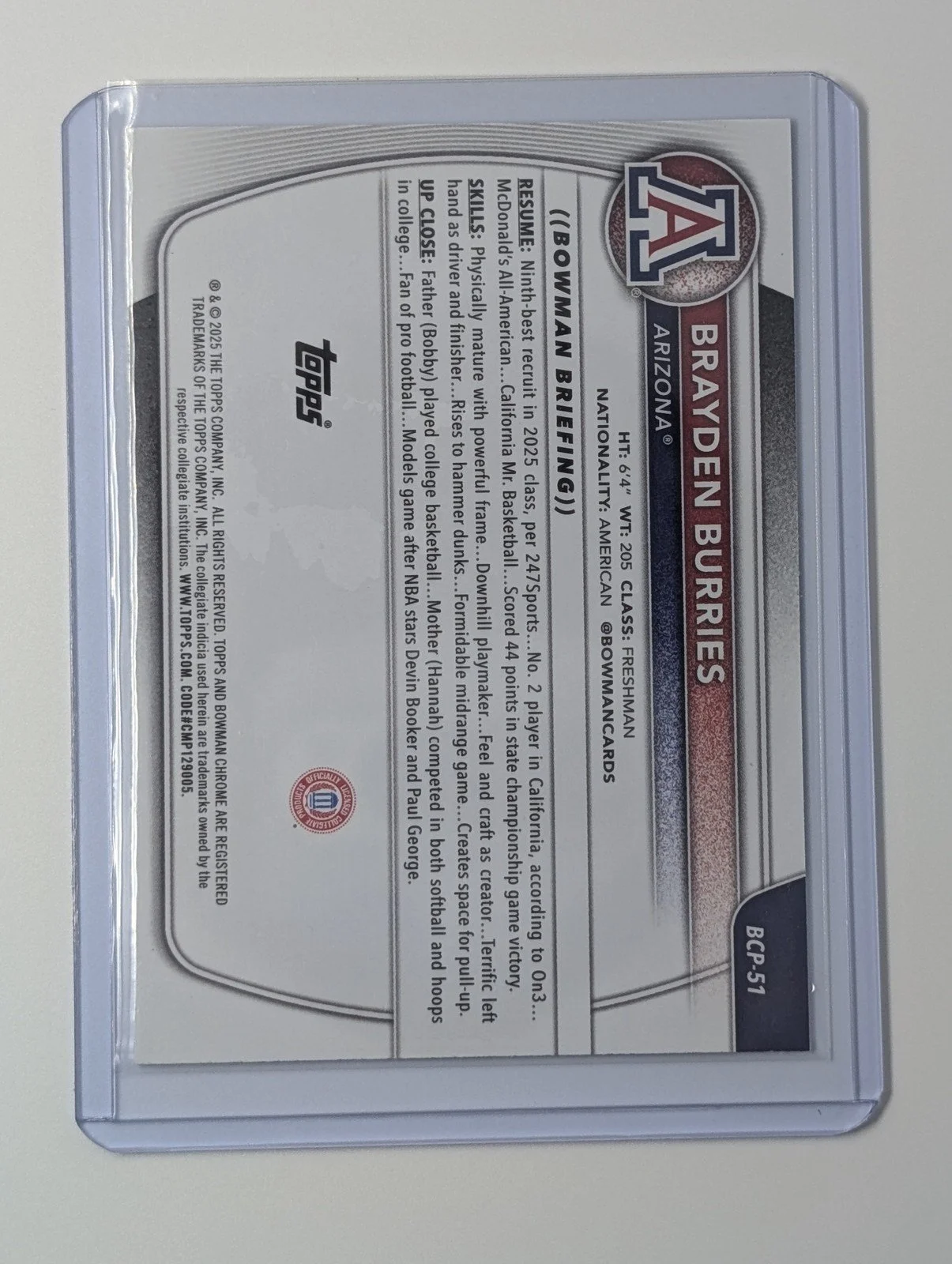 Back of 2025-26 Bowman #BCP-51 Brayden Burries Chrome Prospects