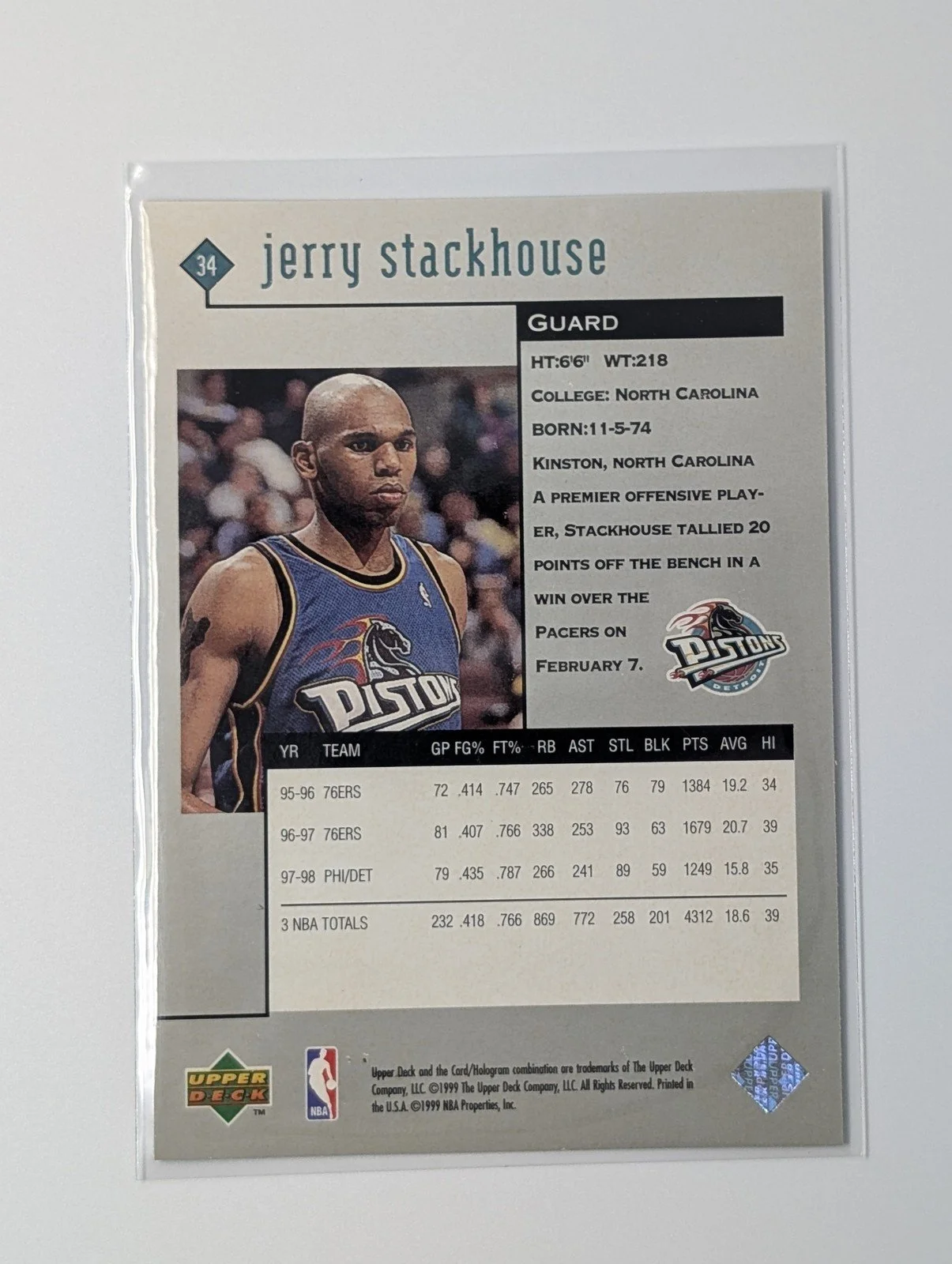 Back of 1998-99 Upper Deck Black Diamond #34 Jerry Stackhouse