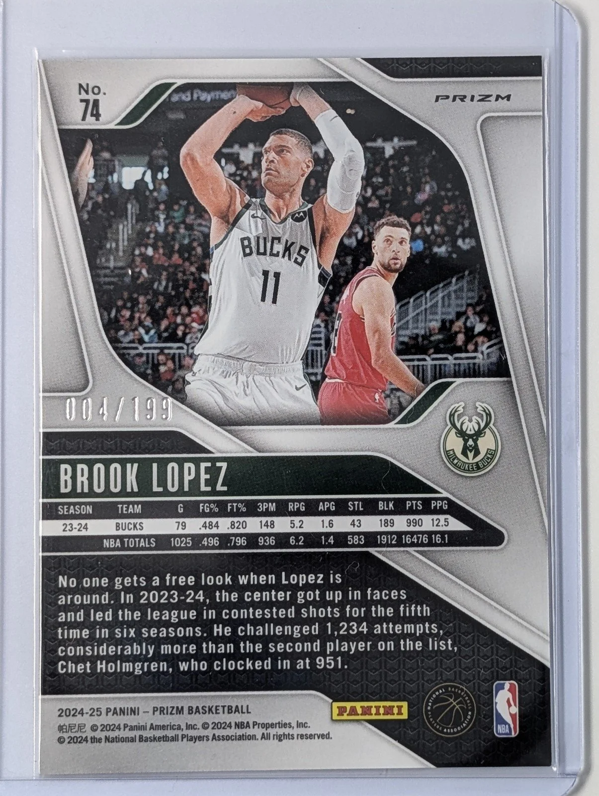 Back of 2024-25 Panini Prizm Brook Lopez #74 Orange Seismic Prizm 4/199