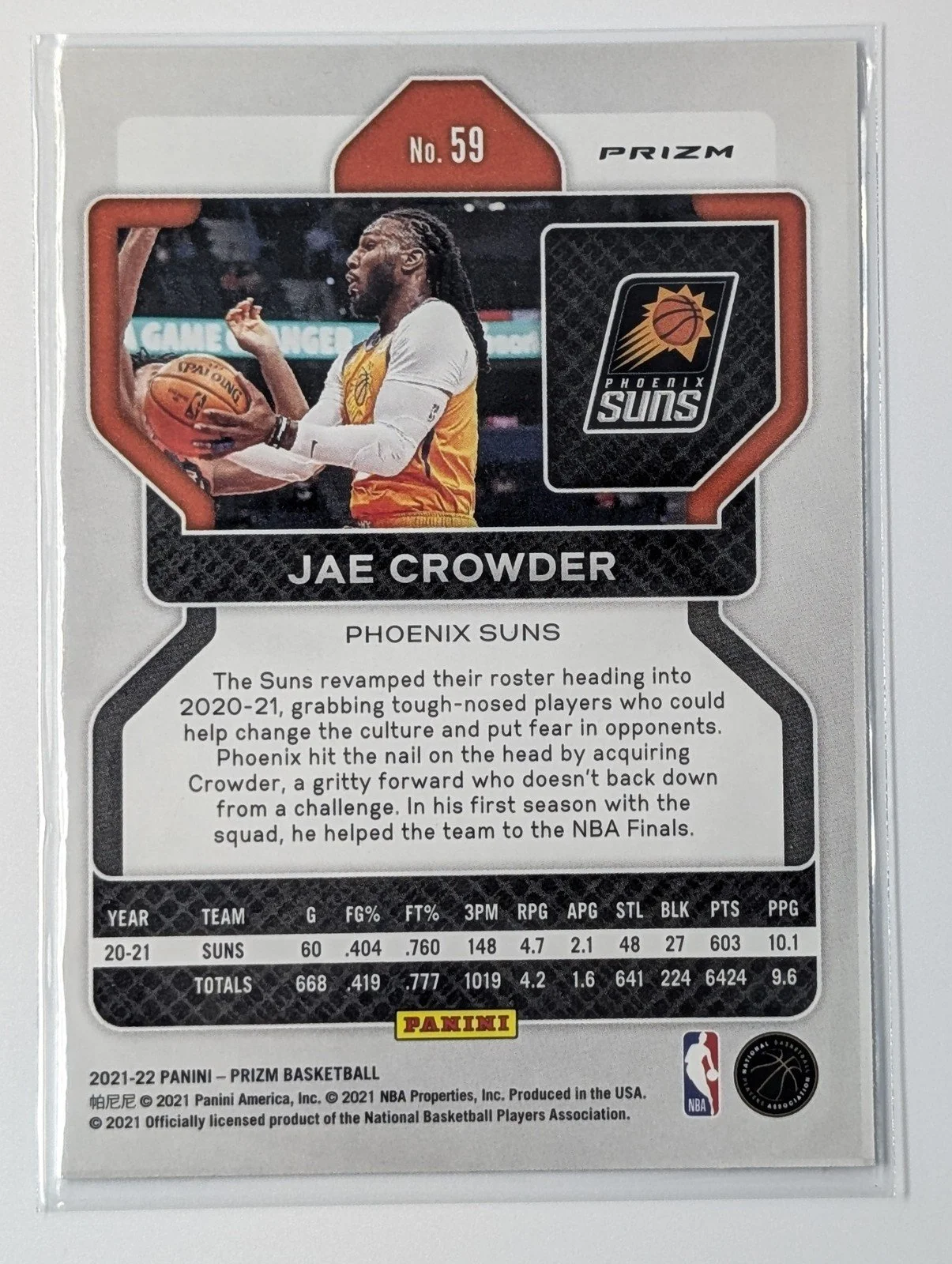 Back of 2021-22 Panini Prizm #59 Jae Crowder Hyper Prizm