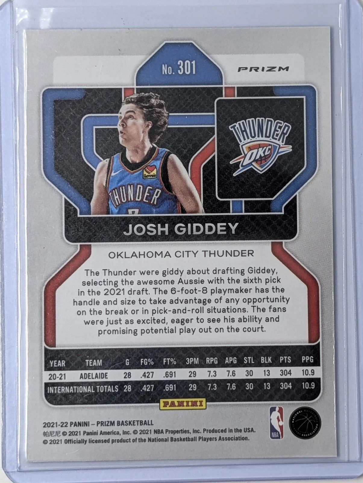 Back of 2021-22 Panini Prizm #301 Josh Giddey Purple Wave Prizm RC
