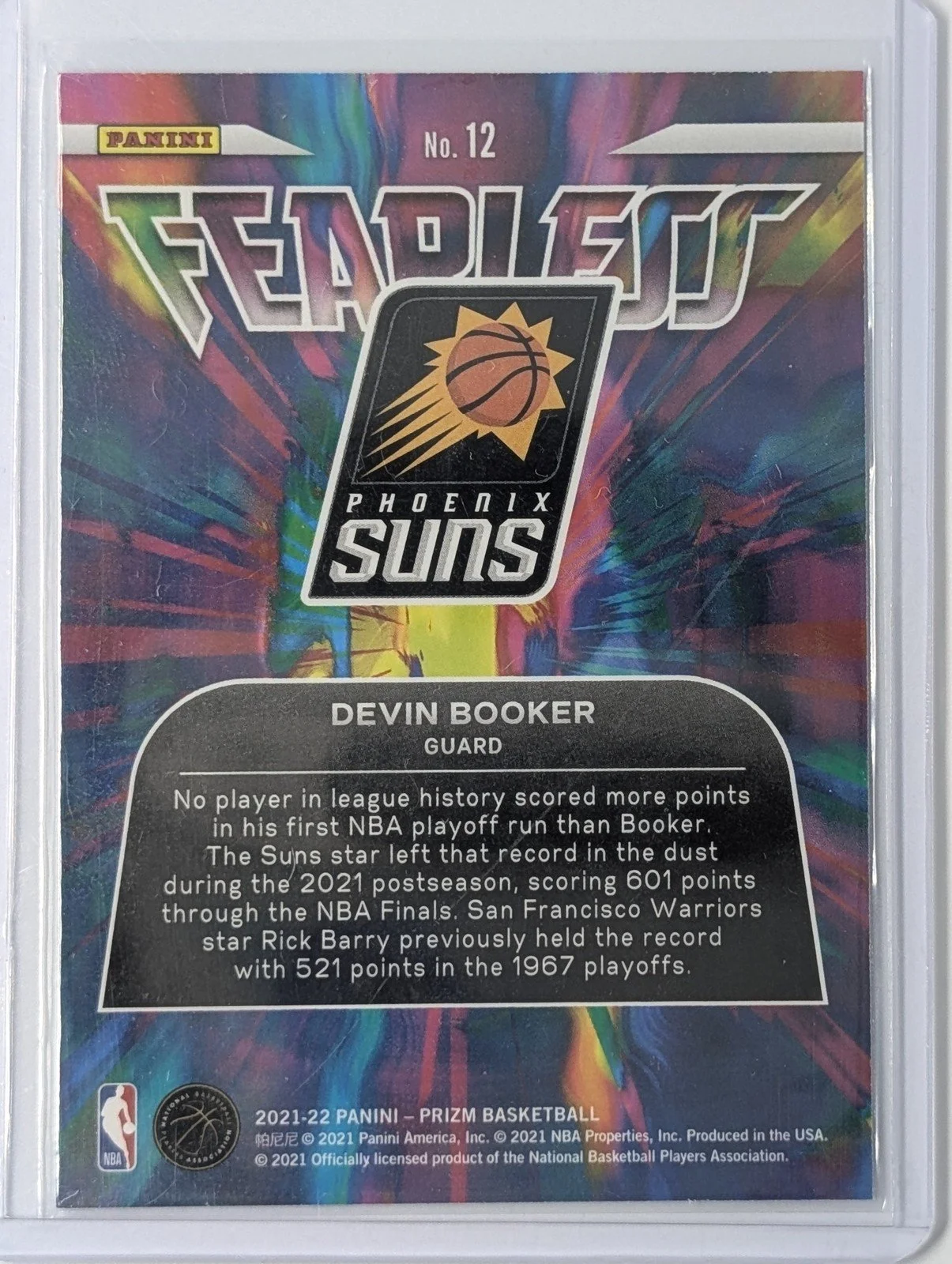 Back of 2021-22 Panini Prizm #12 Devin Booker Fearless