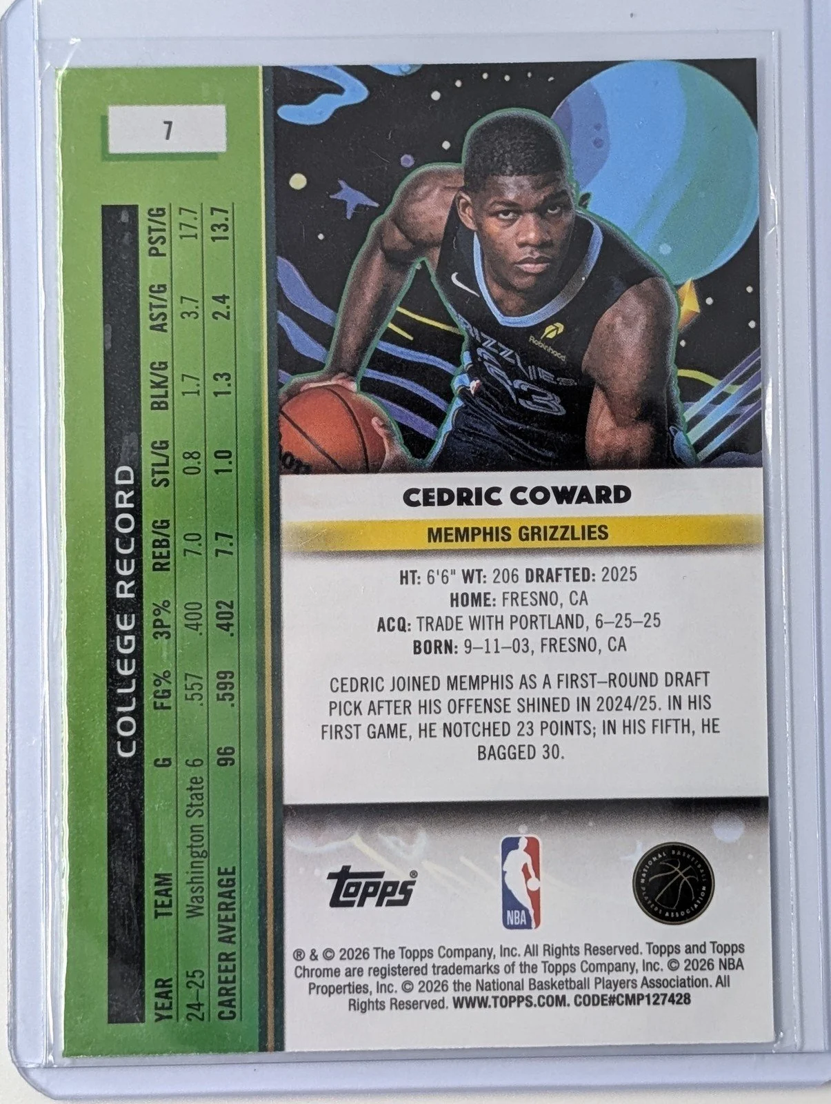 Back of 2025-26 Topps Chrome Cosmic #7 Cedric Coward