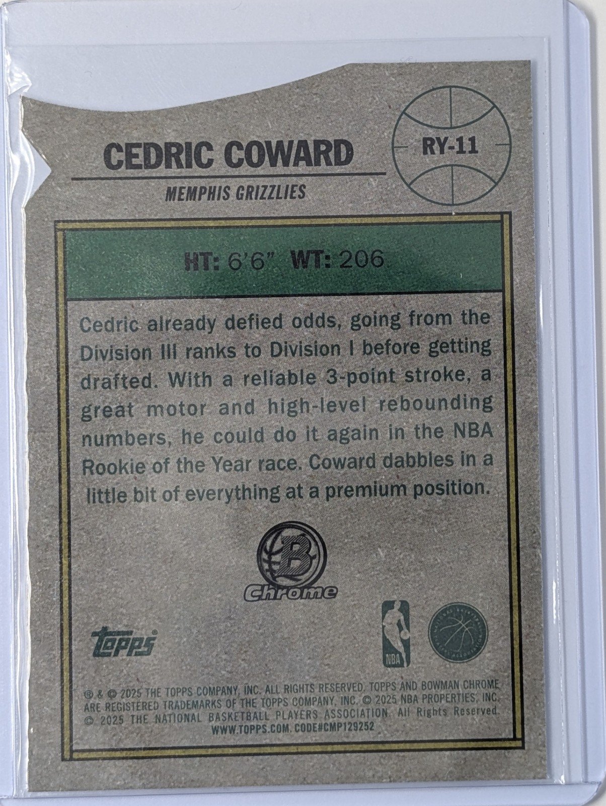 Back of 2025-26 Bowman #RY-11 Cedric Coward Rookie Of The Year Favorites Die Cut