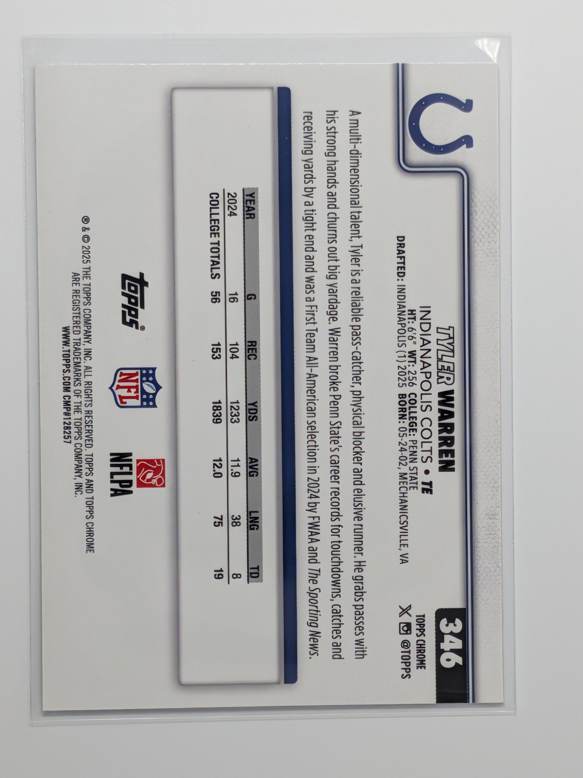 Back of 2025 Topps Chrome #346 Tyler Warren