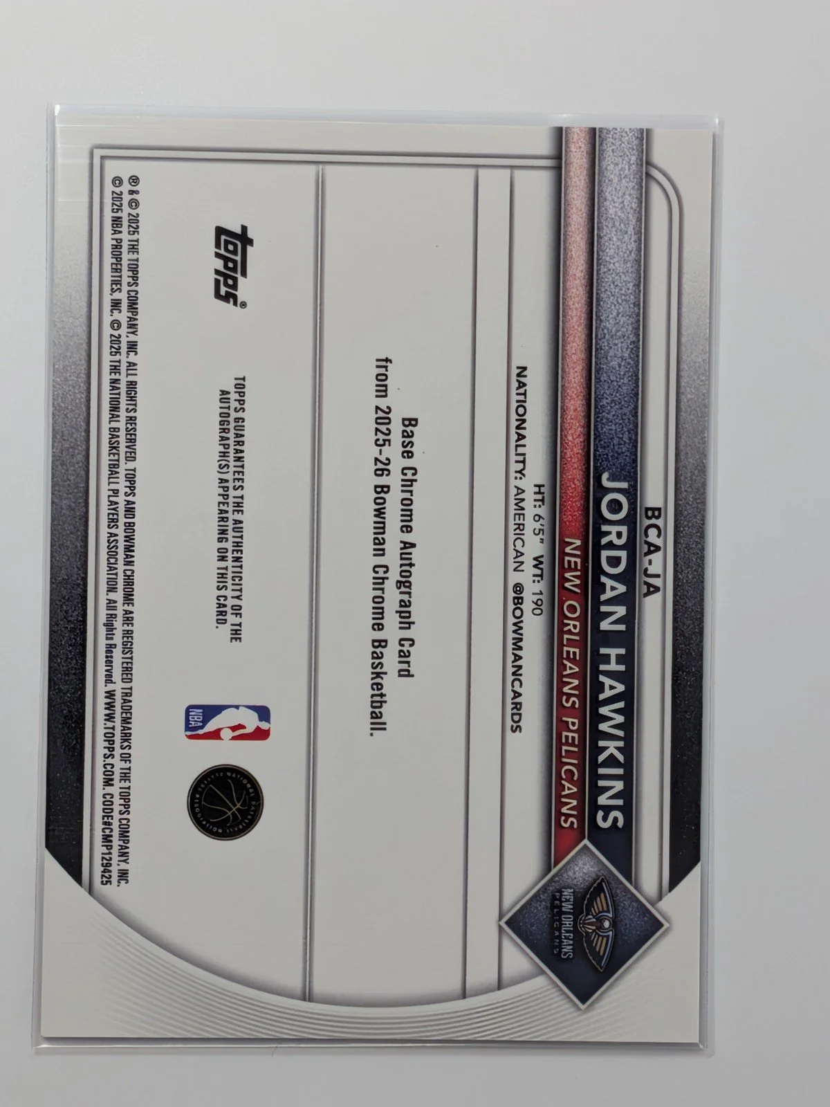 Back of 2025-26 Bowman #BCA-JA Jordan Hawkins Chrome Autographs Blue X-Fractor #/150