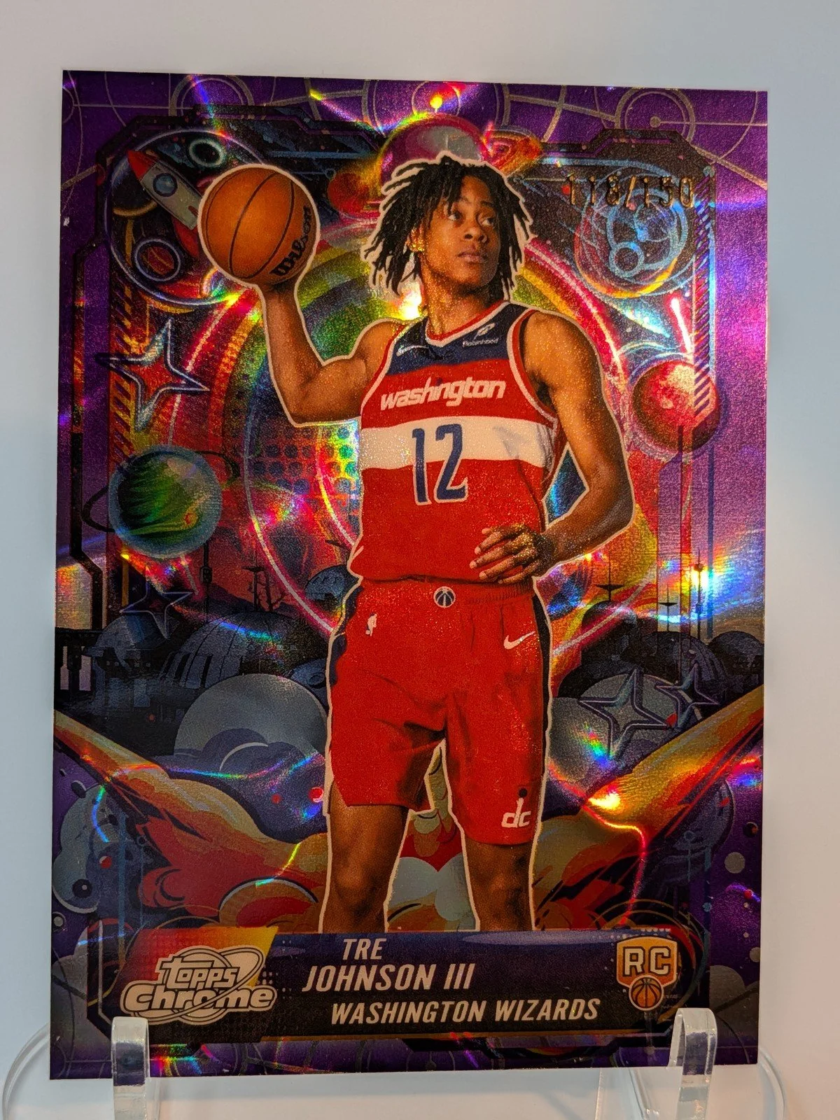 Front of 2025 Topps Cosmic Chrome Tre Johnson III /150 Propulsion PRP-21 Purple Nebula RC