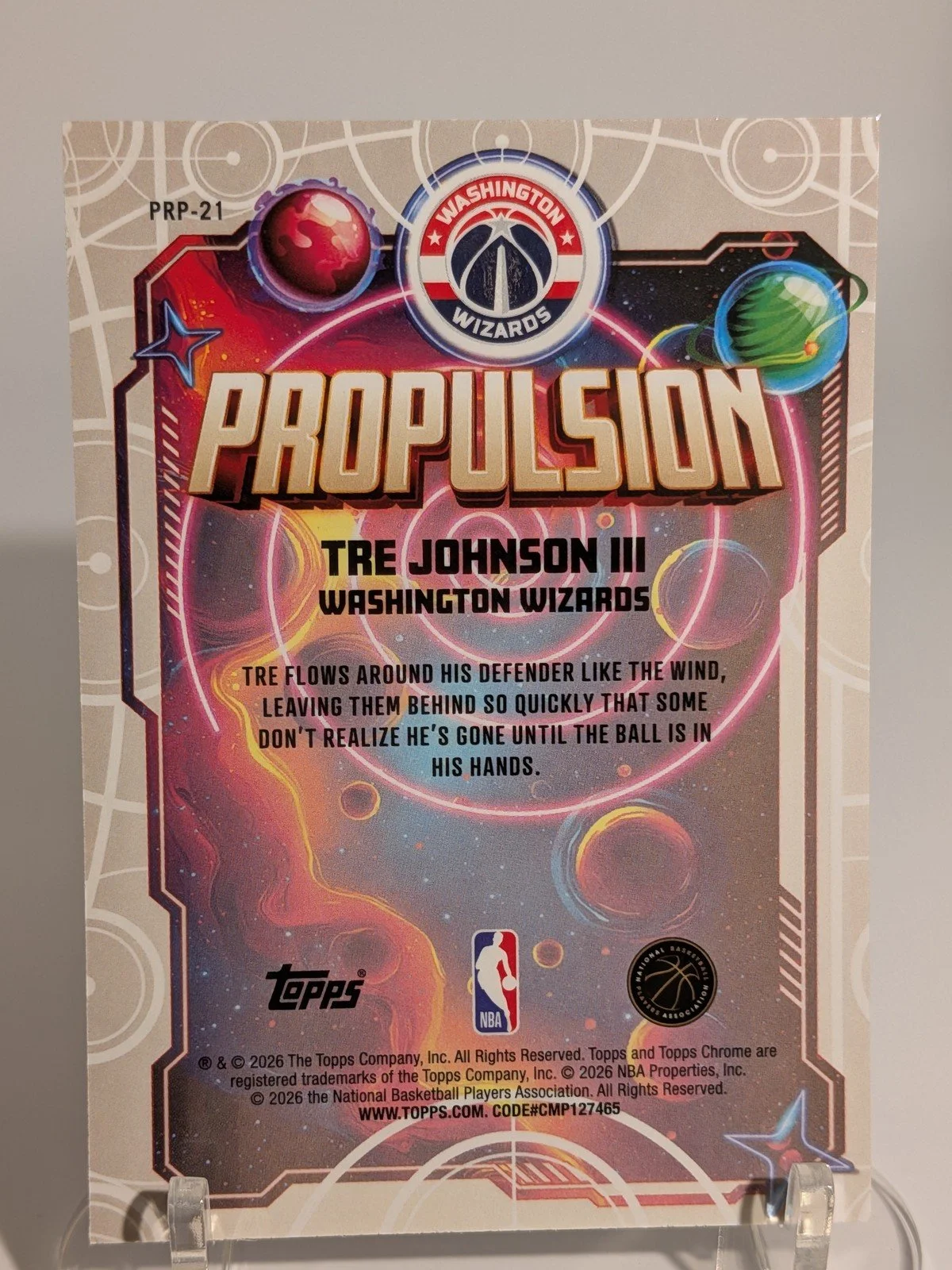 Back of 2025 Topps Cosmic Chrome Tre Johnson III /150 Propulsion PRP-21 Purple Nebula RC