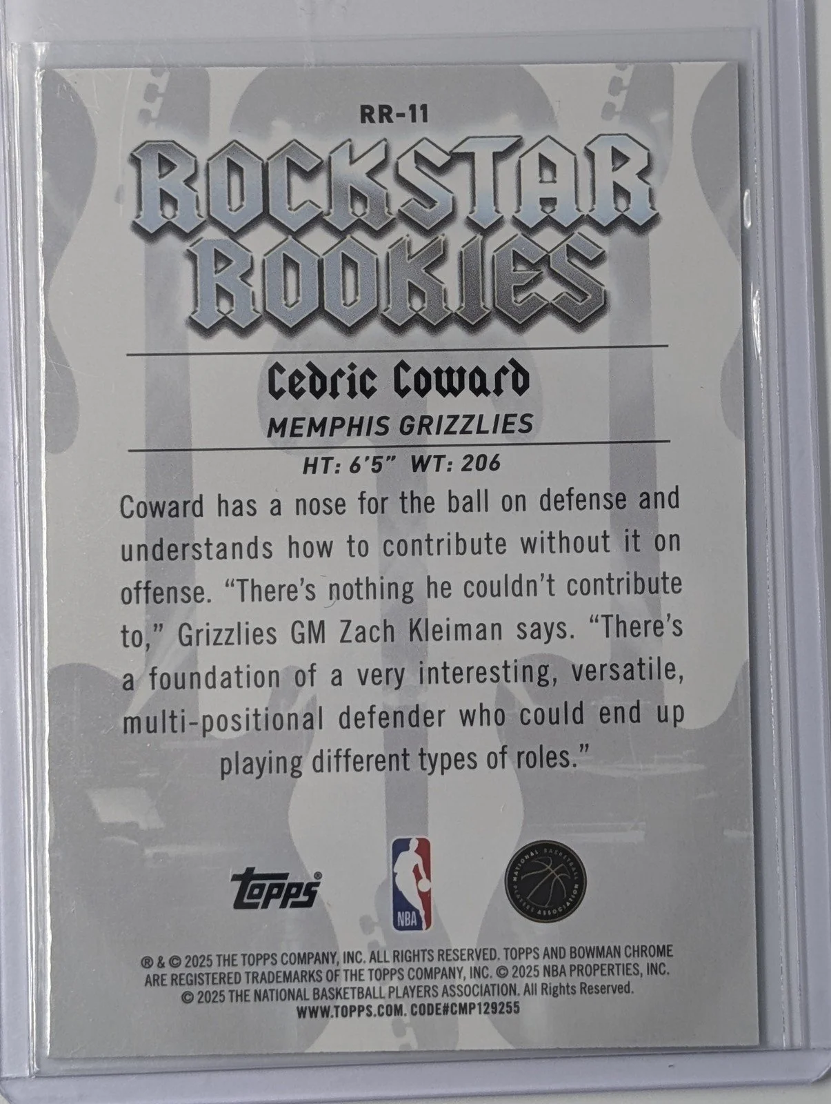 Back of 2025-26 Bowman #RR-11 Cedric Coward Rockstar Rookies