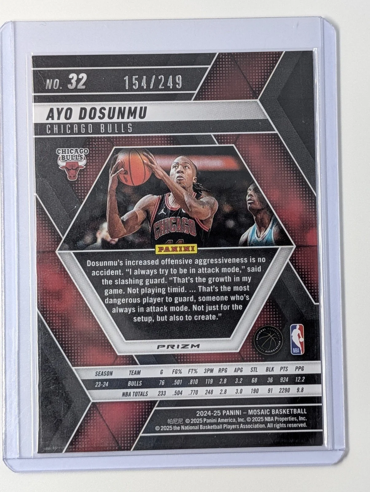 Back of 2024-25 Panini Mosaic #32 Ayo Dosunmu Orange Mosaic #/249