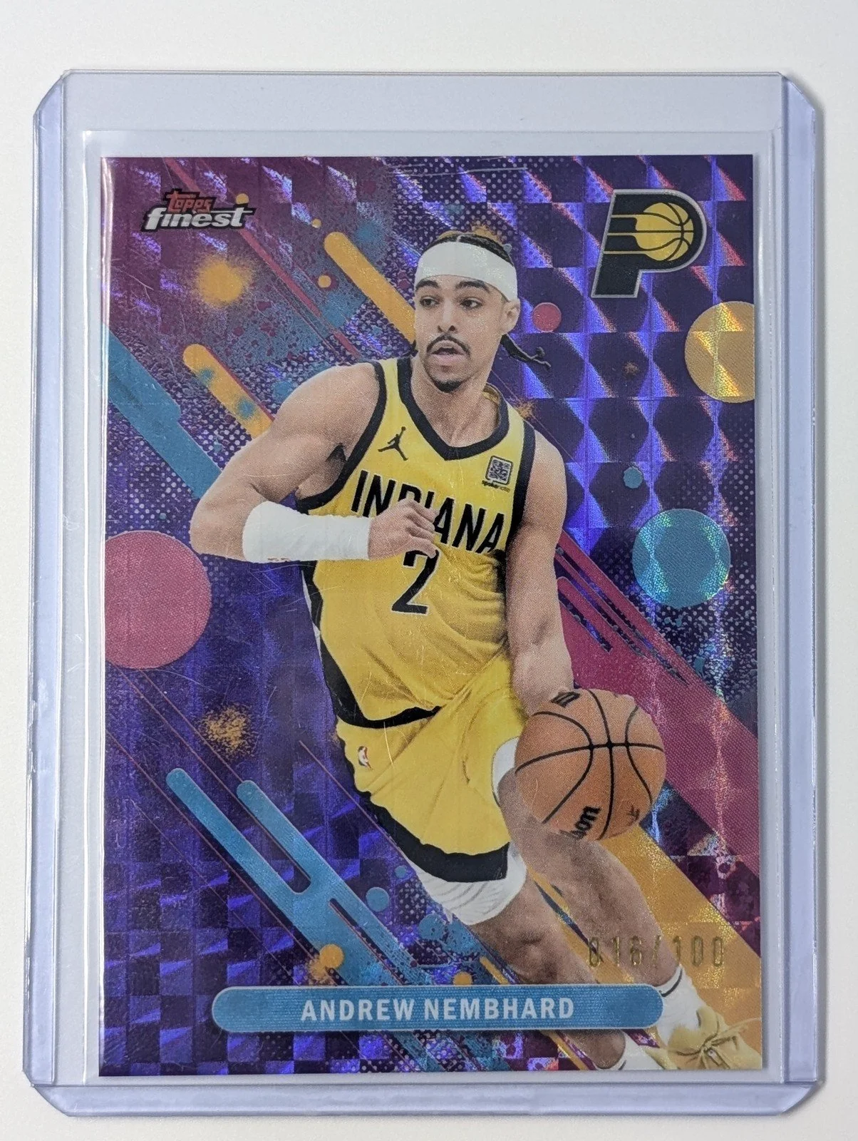 Front of 2025-26 Finest #42 Andrew Nembhard Purple Geometric Refractor #/100