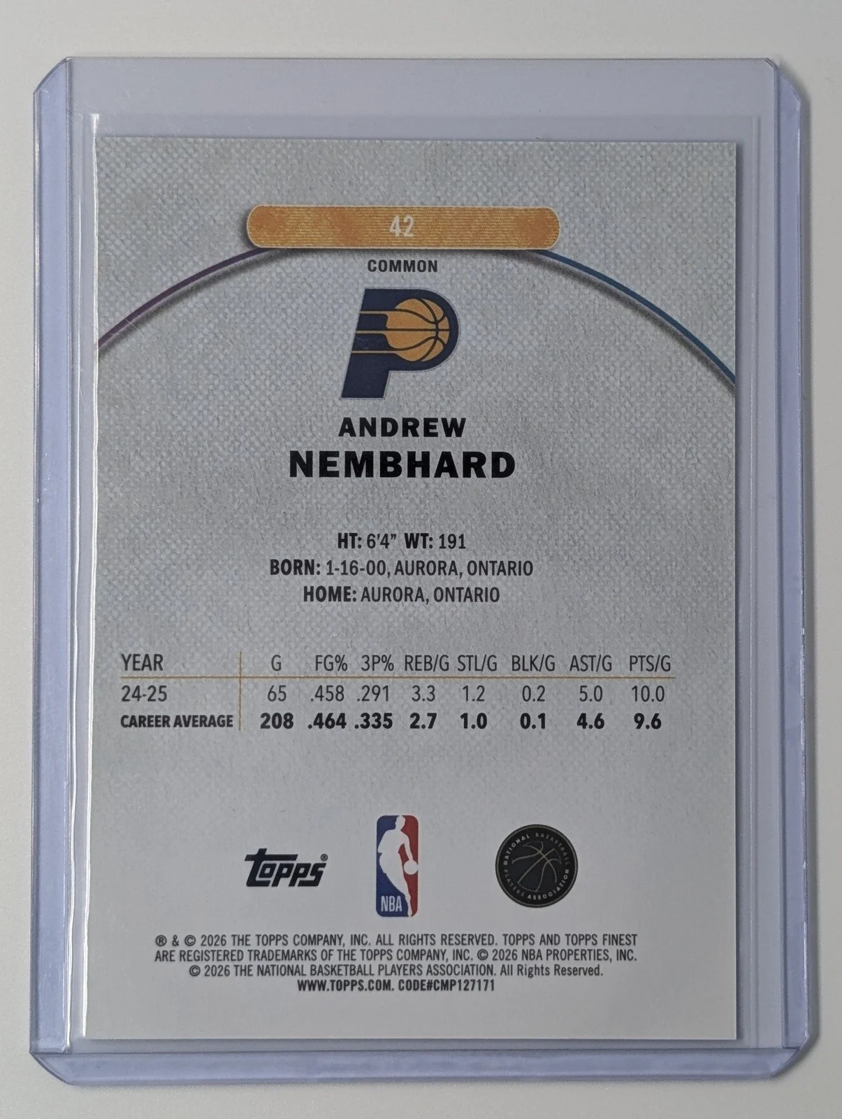 Back of 2025-26 Finest #42 Andrew Nembhard Purple Geometric Refractor #/100